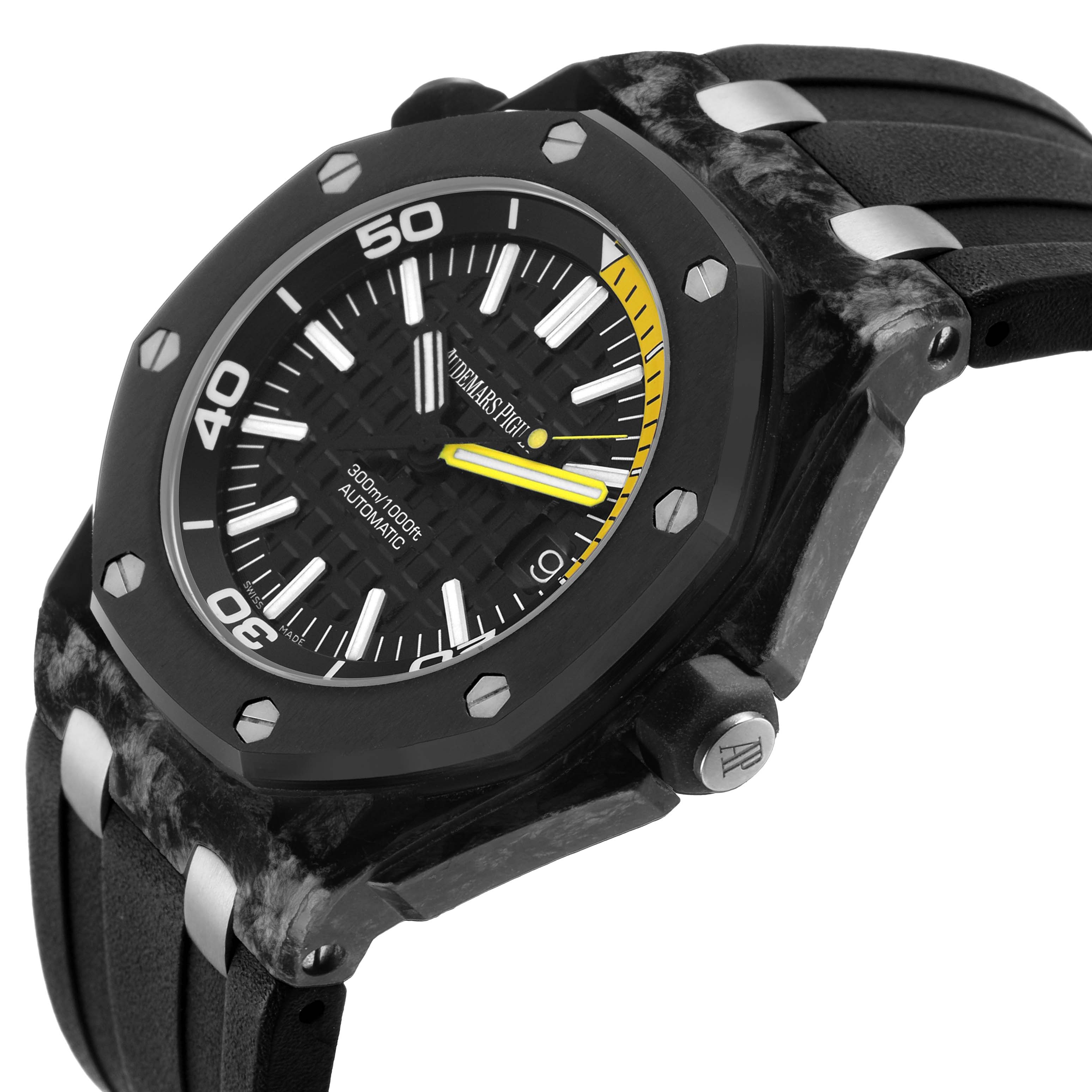 The image shows the Audemars Piguet Royal Oak Offshore 15706AU.OO.A002CA.01 Men's Titanium Black Dial watch at an angle highlighting the case, bezel, and partially the strap.