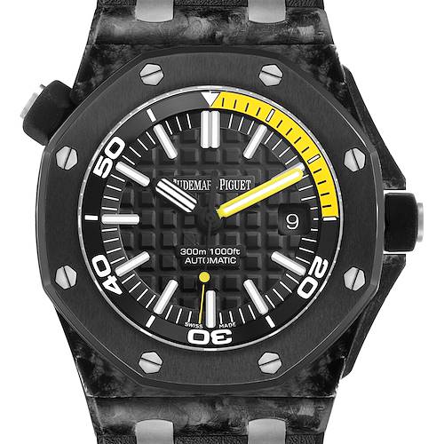 The Audemars Piguet Royal Oak Offshore 15706AU.OO.A002CA.01 Men's Titanium Black Dial watch is shown from the front, highlighting the bezel, dial, and strap connection.