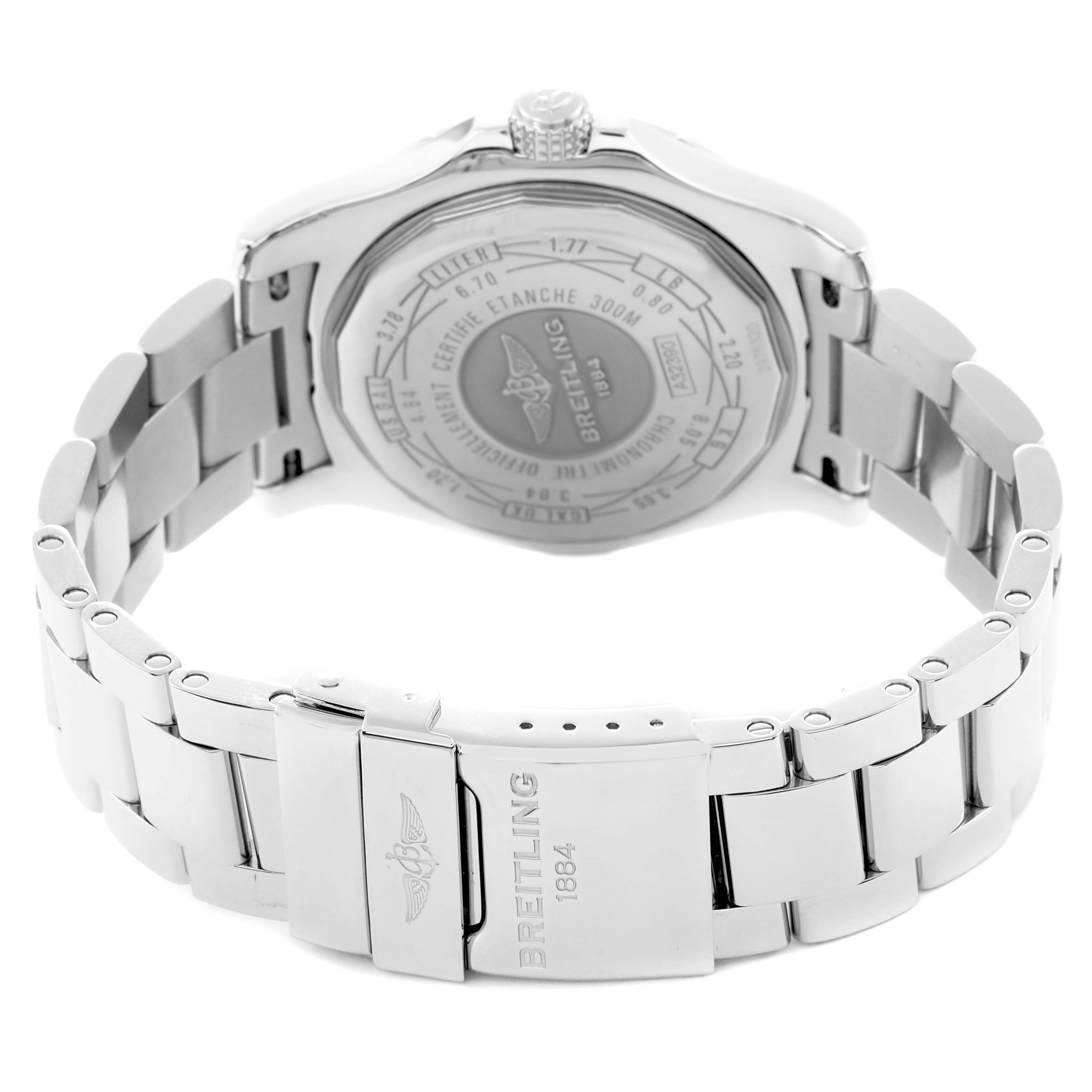 The image shows the back and bracelet of a Breitling Avenger A32390 Men
s Stainless Steel Mother of Pearl Dial watch, highlighting the clasp and case back details.