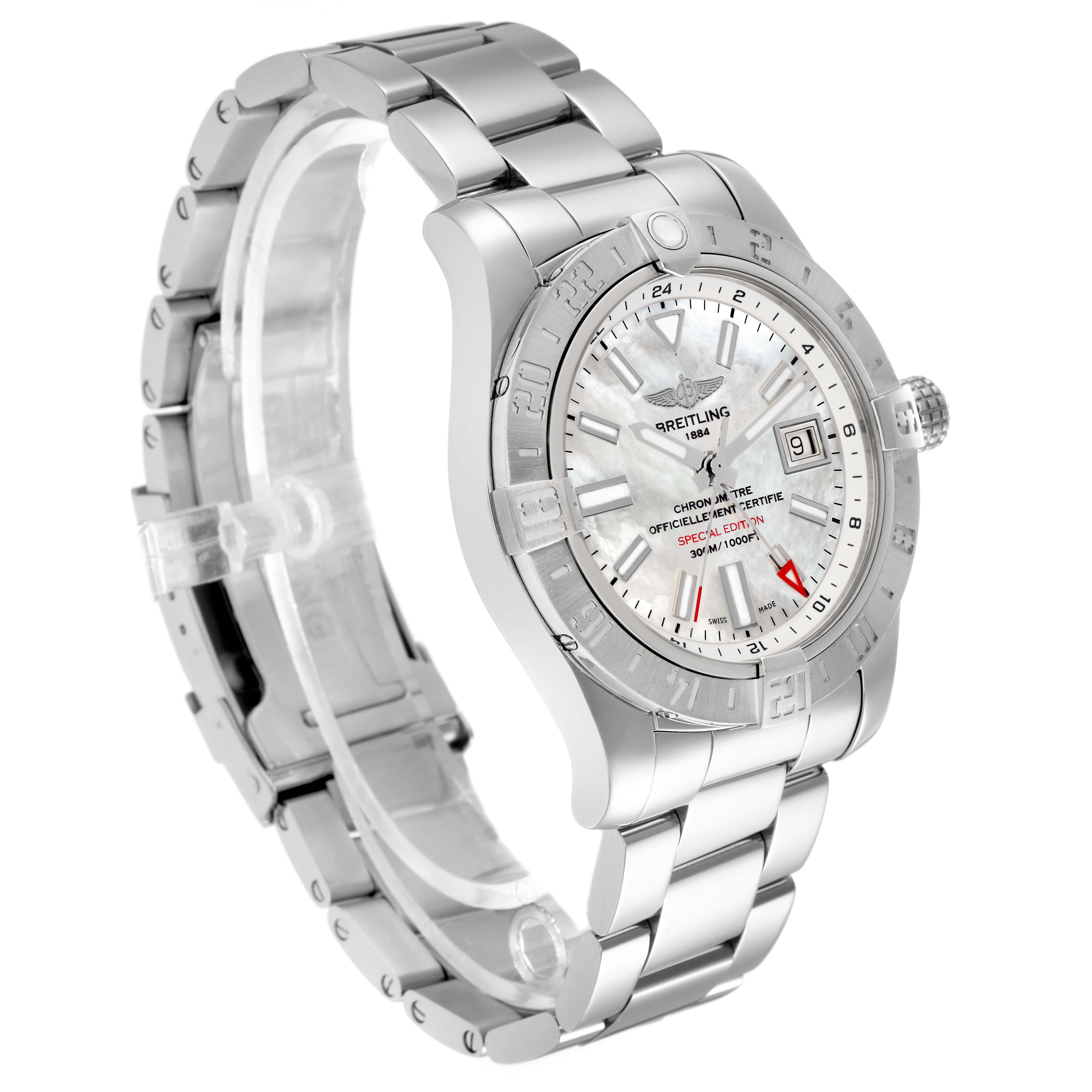 The Breitling Avenger A32390 Men
s Stainless Steel Mother of Pearl Dial watch is shown at a three-quarter angle, displaying the dial, bezel, bracelet, and crown.