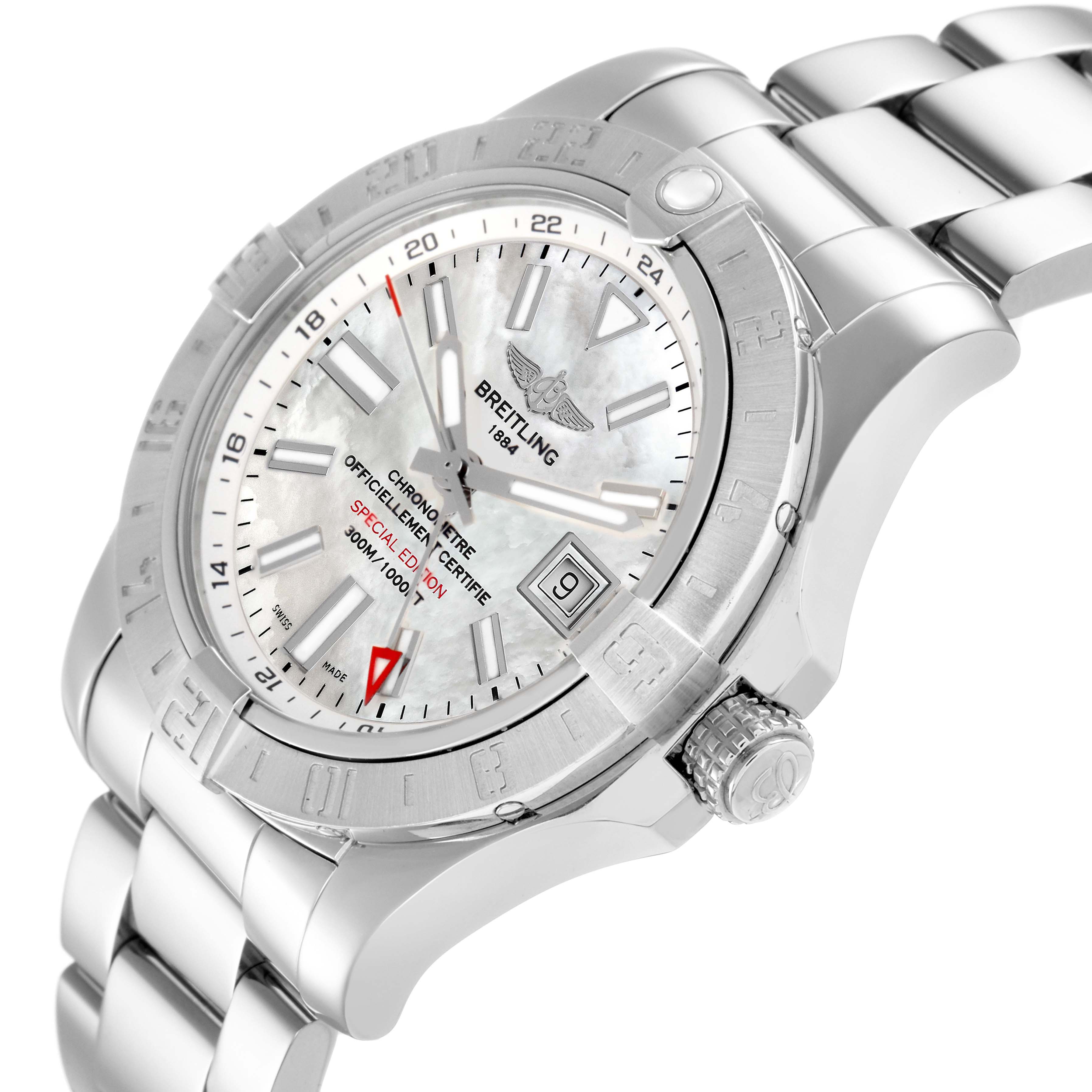 The Breitling Avenger A32390 Men
s Stainless Steel Mother of Pearl Dial watch is shown at an angled side view, highlighting the face, bezel, crown, and metal bracelet.