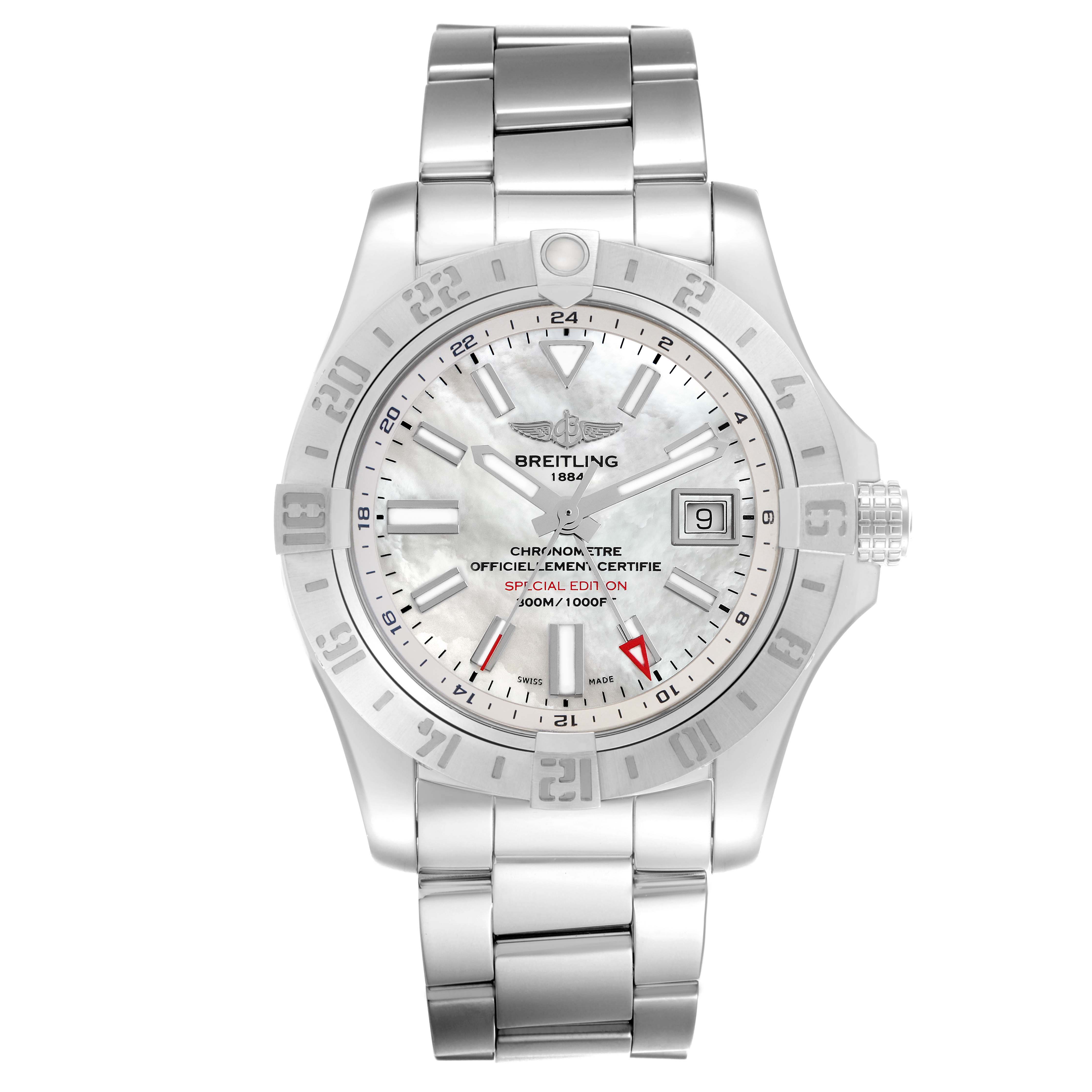 The Breitling Avenger A32390 Men
s Stainless Steel Mother of Pearl Dial watch is shown from a front angle, highlighting the dial, bezel, and bracelet.