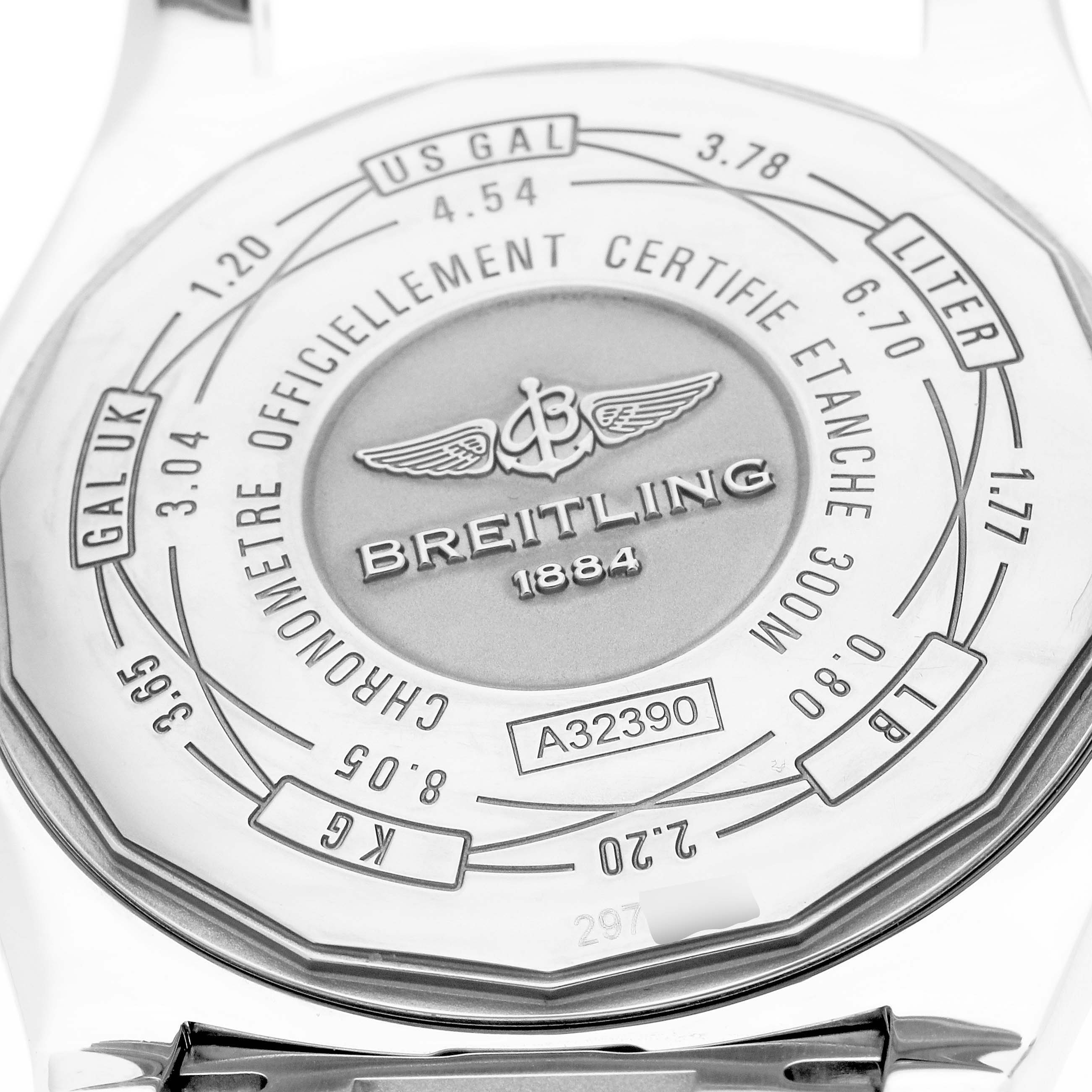 The image shows the case back of a Breitling Avenger A32390 Men
s Stainless Steel Mother of Pearl Dial watch detailing its certification and specifications.