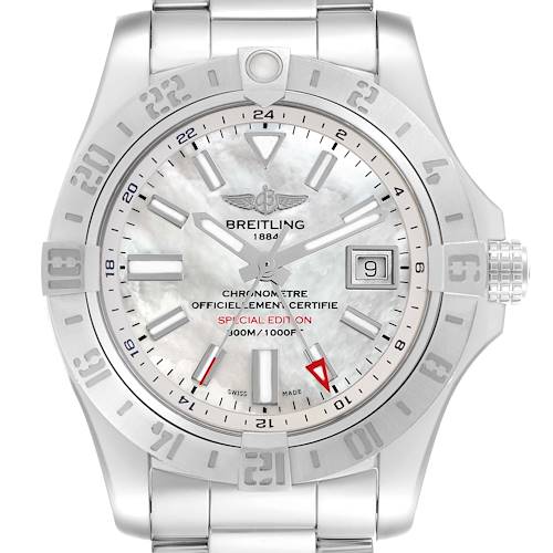 The Breitling Avenger A32390 Men's Stainless Steel Mother of Pearl Dial watch is shown from a front angle, highlighting its dial, bezel, and bracelet.