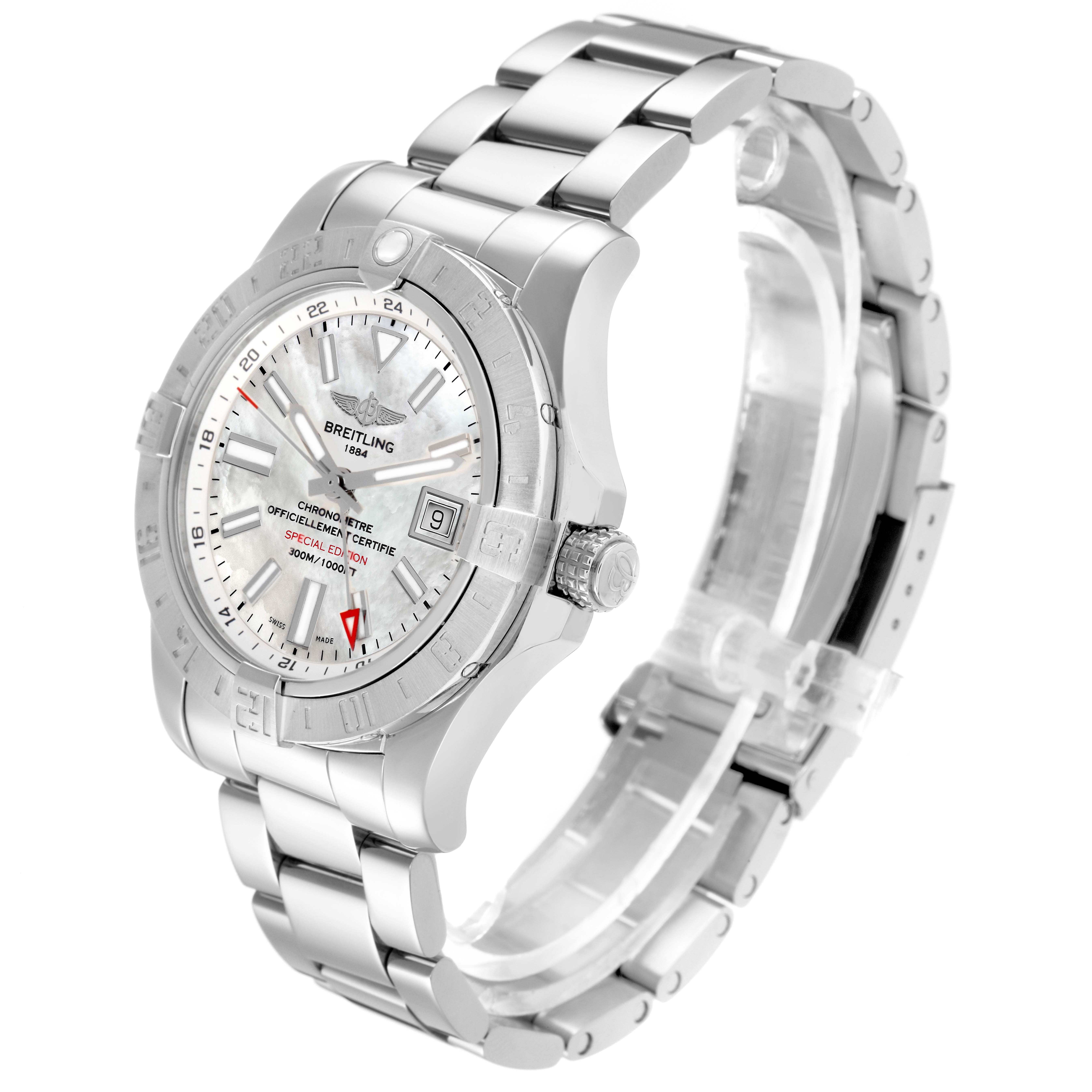 The Breitling Avenger A32390 Men
s Stainless Steel Mother of Pearl Dial model is shown at a three-quarter angle, highlighting the face, bezel, crown, and part of the bracelet.