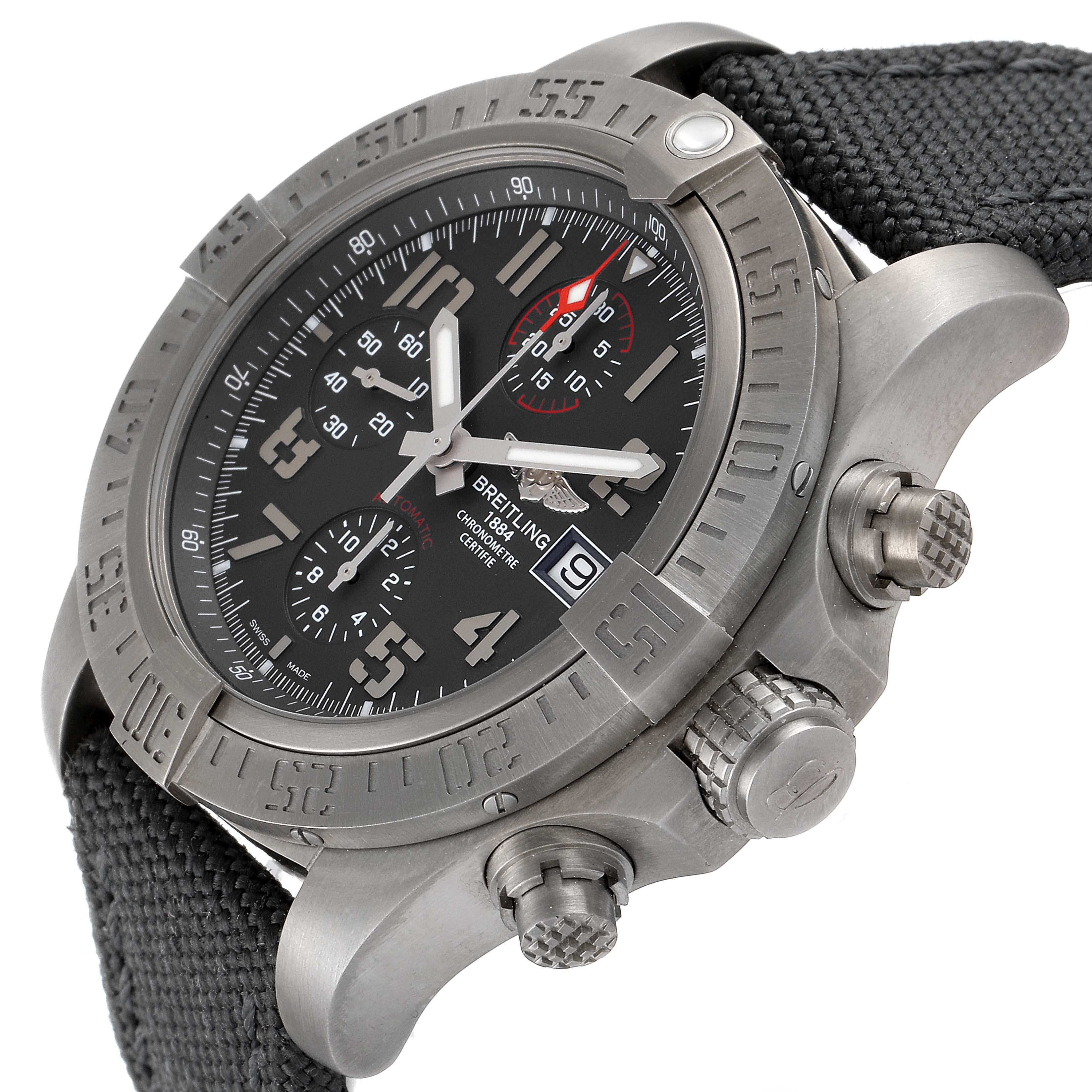 The image shows a close-up front angled view of the Breitling Avenger E1338310/M536-109W Men's Titanium Grey Dial E1338310/M536-109W Men's Titanium Grey Dial watch, highlighting the dial, bezel, crown, and strap.