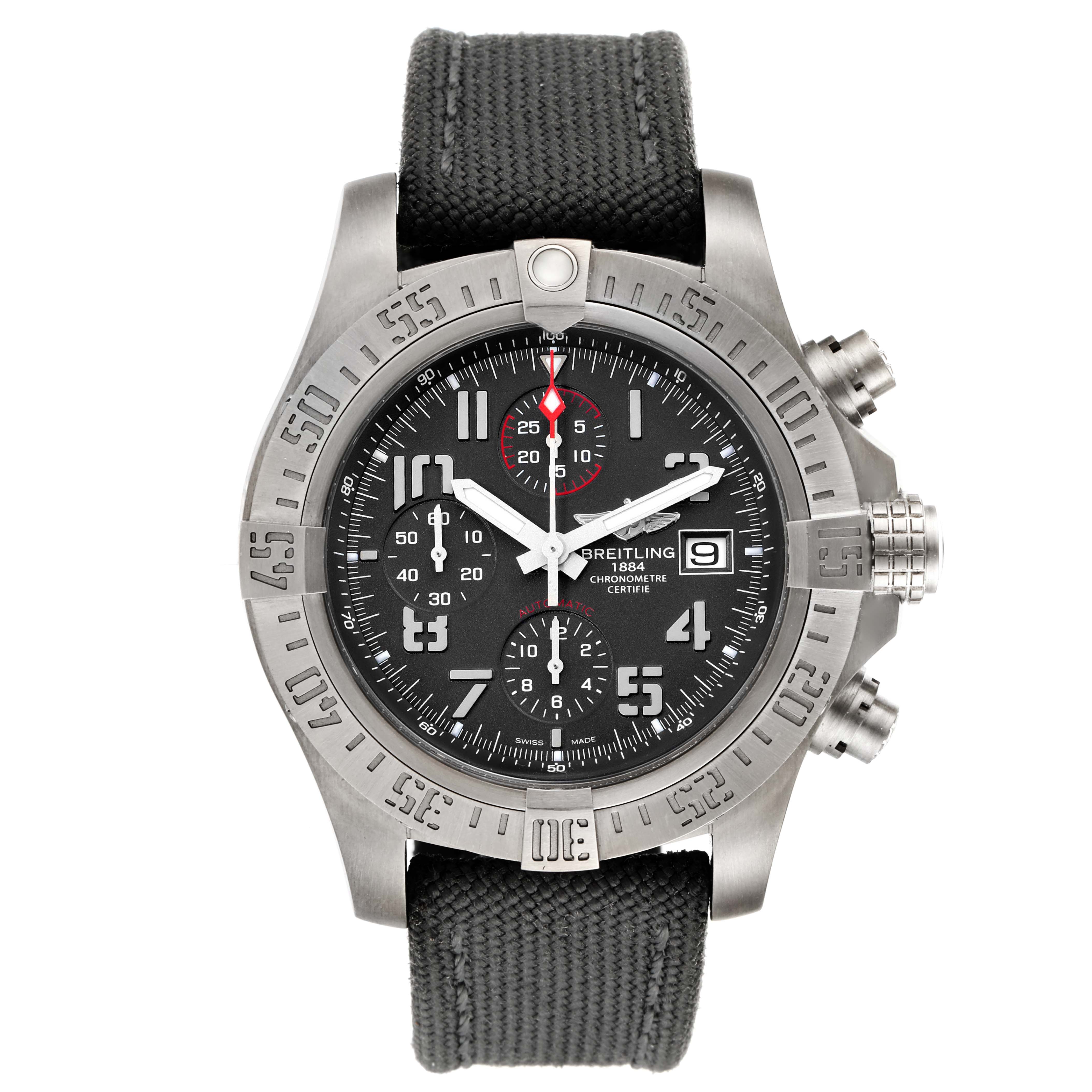 This image shows a front view of the Breitling Avenger E1338310/M536-109W Men's Titanium Grey Dial E1338310/M536-109W Men's Titanium Grey Dial watch, displaying its dial, bezel, strap, and chronograph pushers.
