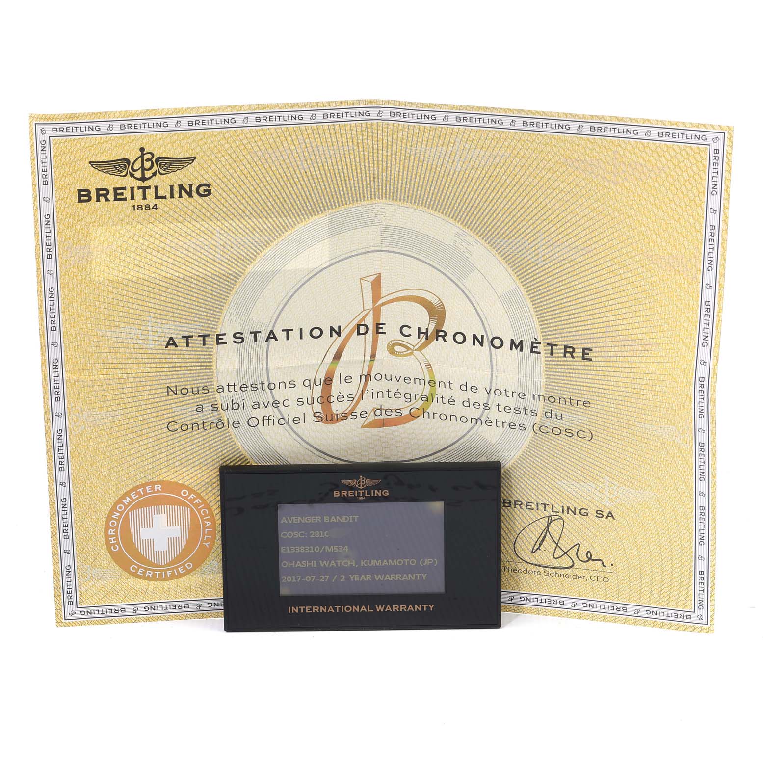 The image shows the warranty card and the chronometer certificate for the Breitling Avenger E1338310/M536-109W Men's Titanium Grey Dial E1338310/M536-109W Men's Titanium Grey Dial model.