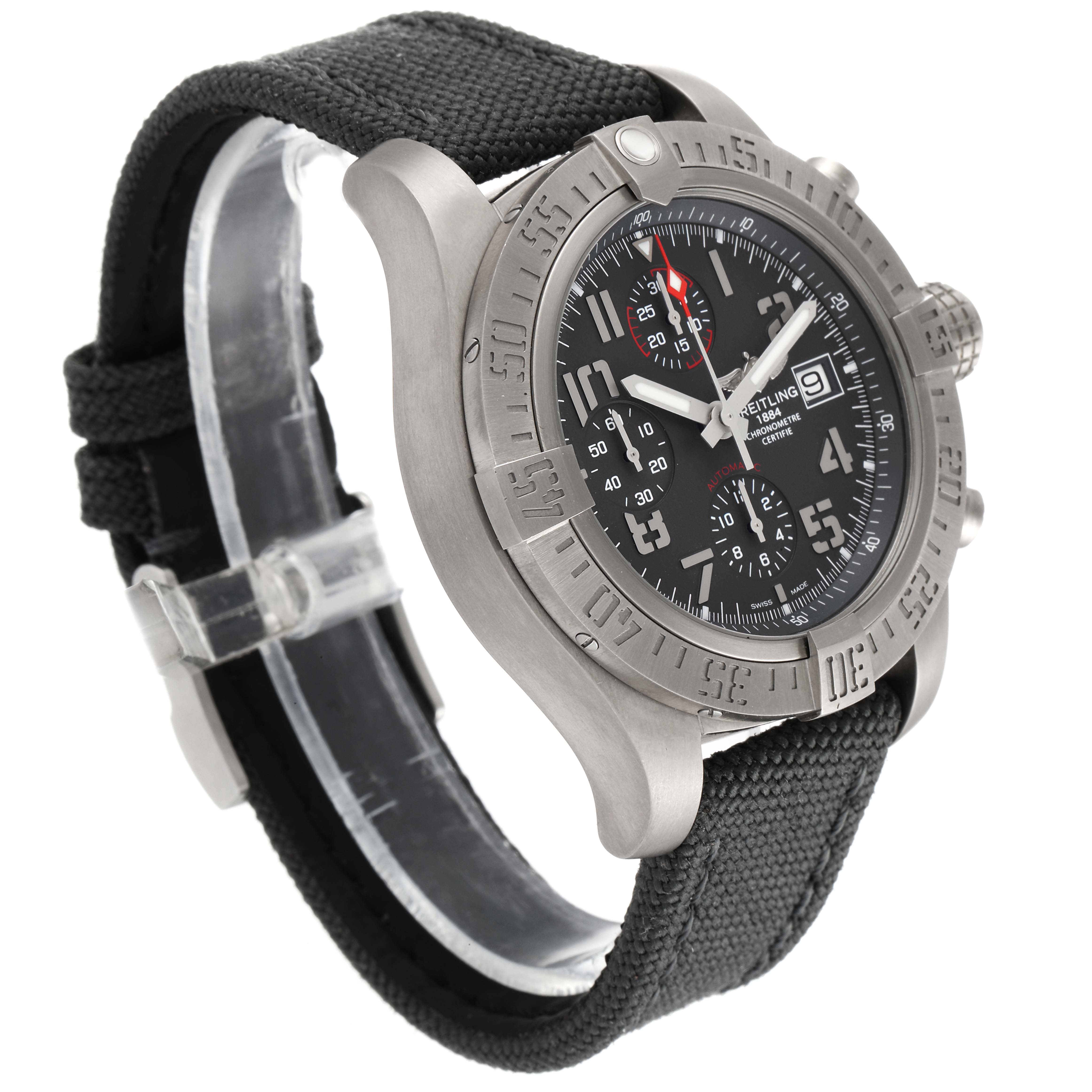 The image shows a side angle of a Breitling Avenger E1338310/M536-109W Men's Titanium Grey Dial E1338310/M536-109W Men's Titanium Grey Dial watch, highlighting the bezel, dial, chronograph subdials, and strap.