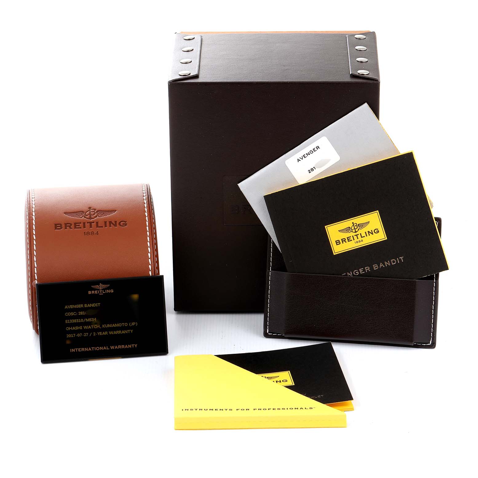 The image shows a Breitling Avenger E1338310/M536-109W Men's Titanium Grey Dial E1338310/M536-109W Men's Titanium Grey Dial watch box, with warranty card, instruction manuals, and leather case, viewed from a front angle.