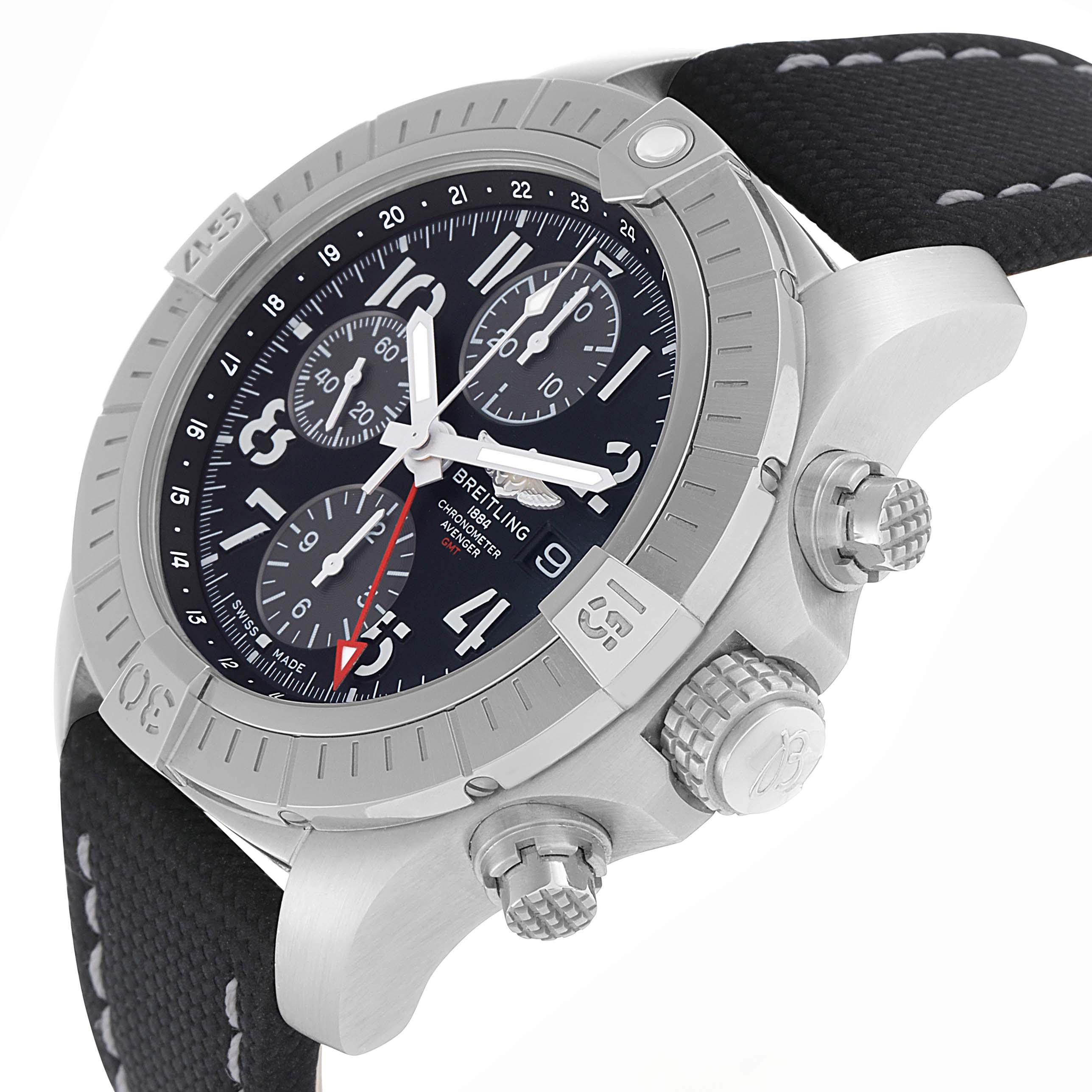 The Breitling Avenger A24315 Men
s Stainless Steel Black Dial watch is shown from a side angle, highlighting the bezel, dial, pushers, and crown.