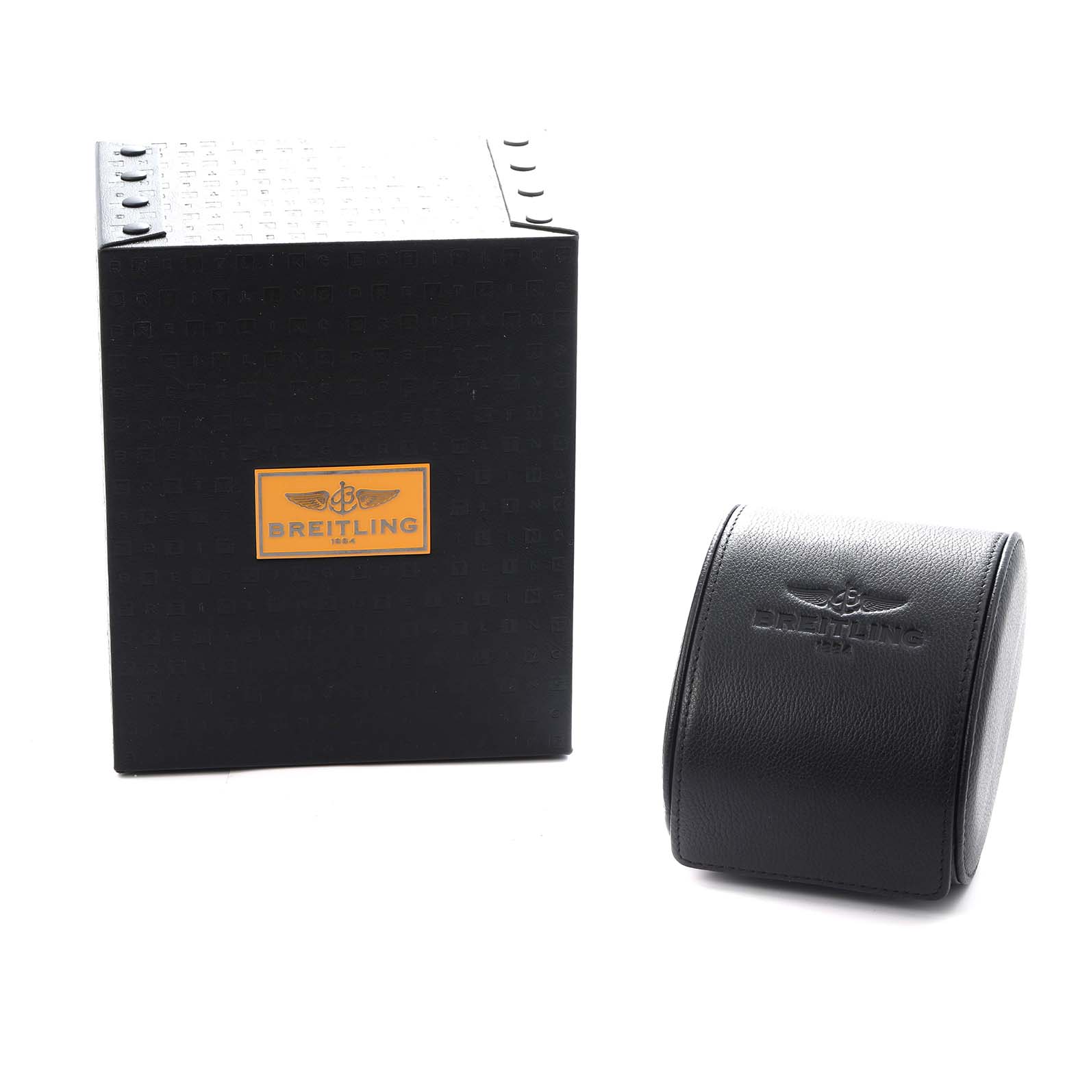 The image shows the Breitling Avenger A24315 Men
s Stainless Steel Black Dial watch packaging, including a black box and a black leather case.