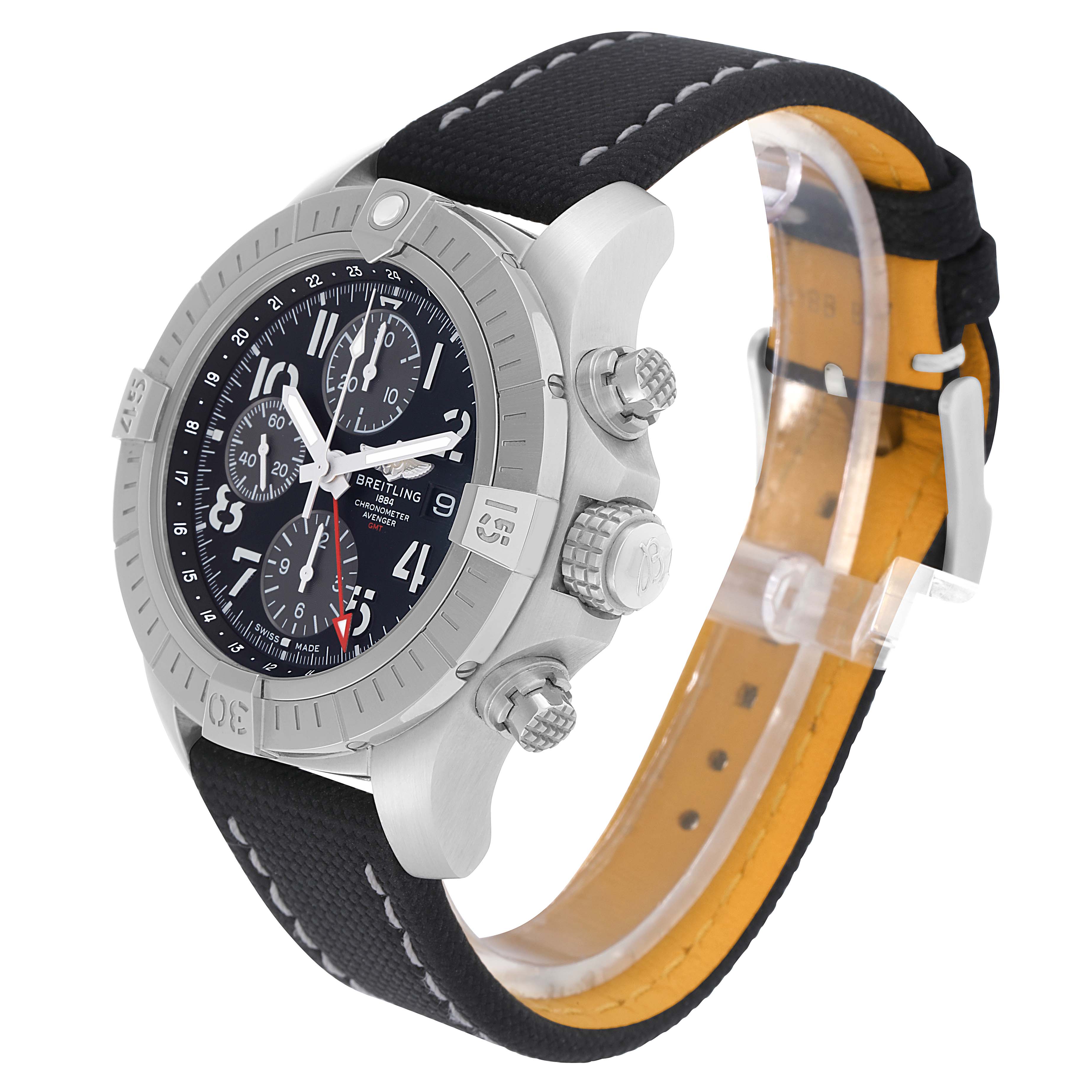 The Breitling Avenger A24315 Men
s Stainless Steel Black Dial watch is angled to show the face, bezel, crown, pushers, and part of the strap.