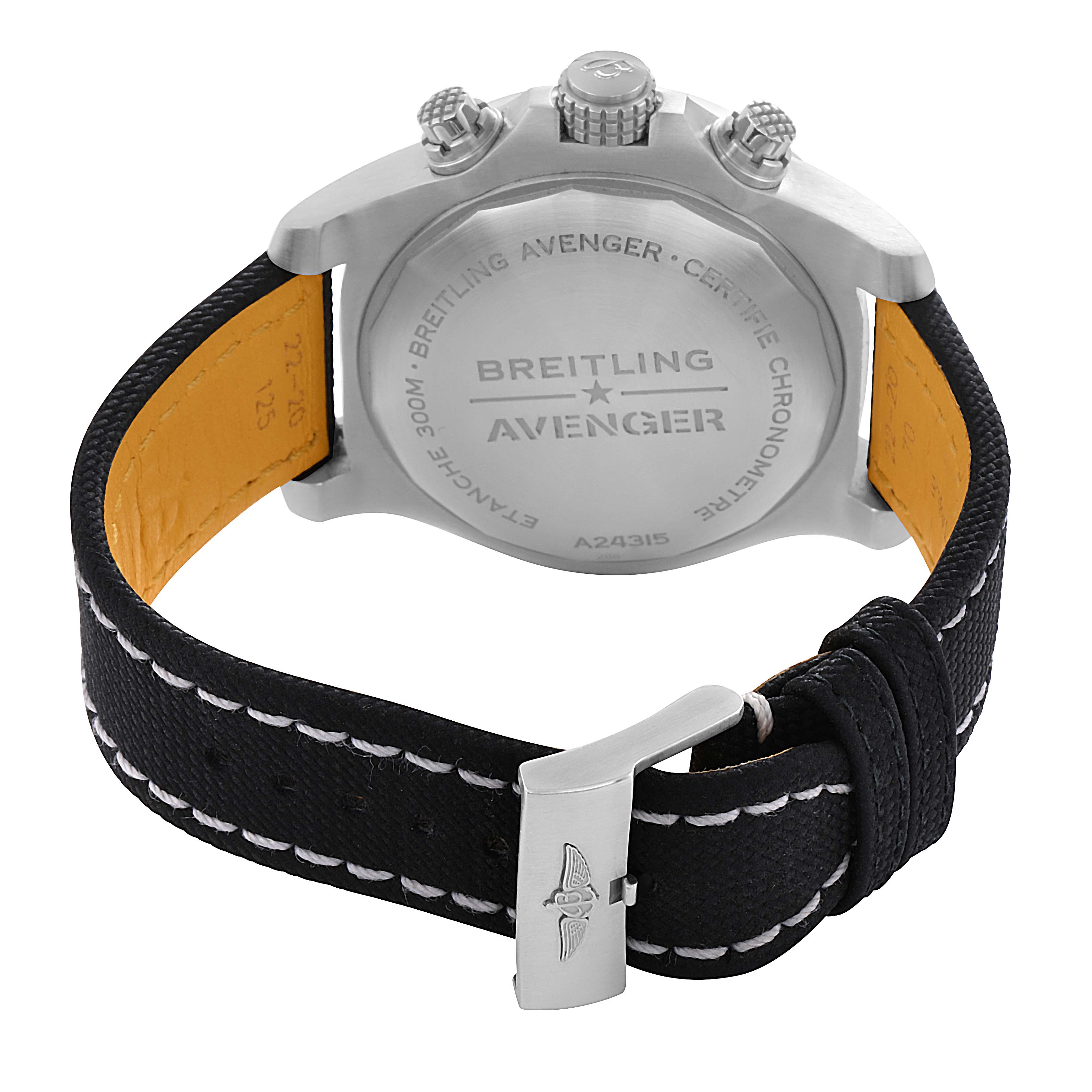 The image shows the back of a Breitling Avenger A24315 Men
s Stainless Steel Black Dial watch, focusing on the case back, crown, pushers, and part of the strap with buckle.