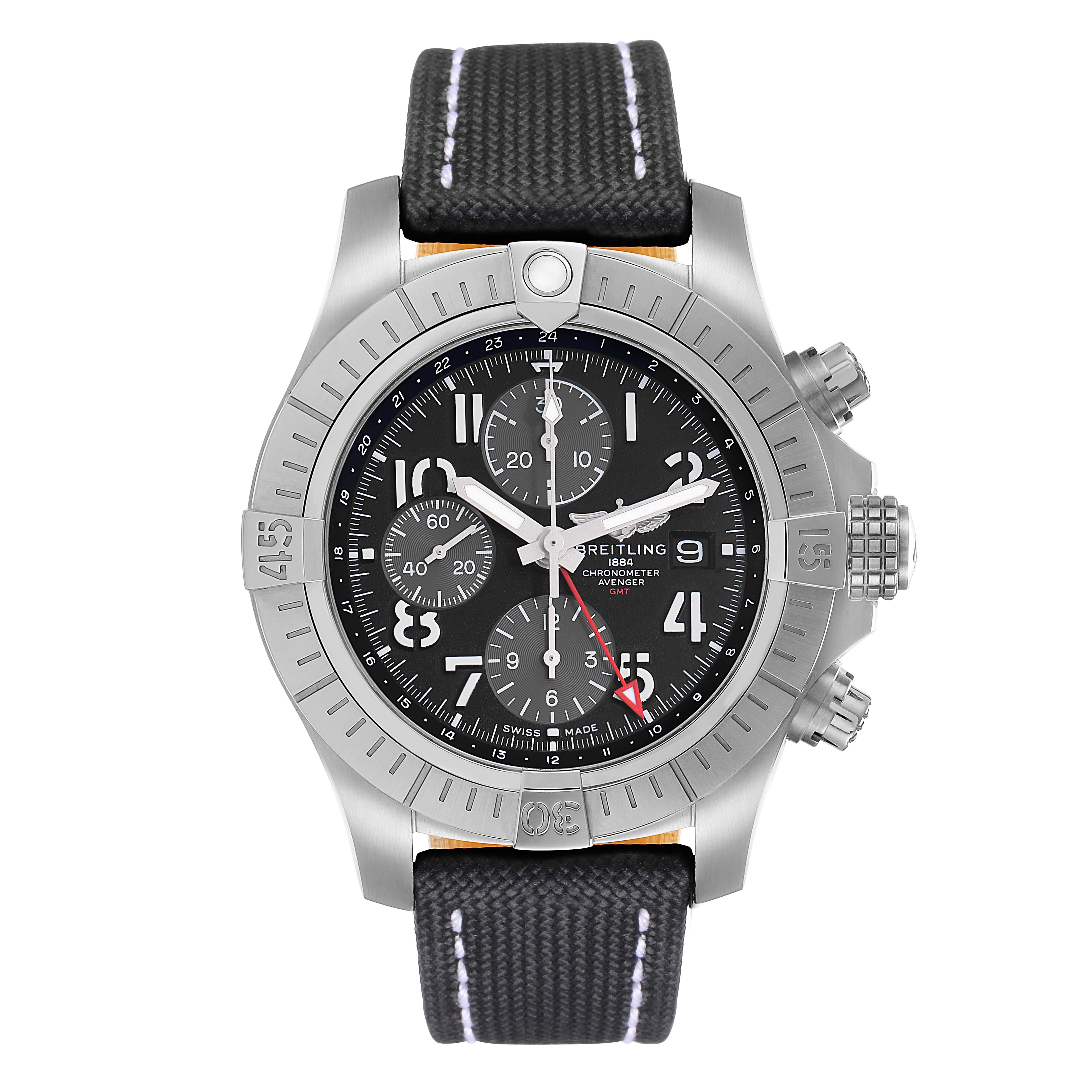 The Breitling Avenger A24315 Men
s Stainless Steel Black Dial watch is shown from a front angle, highlighting its bezel, dial, and strap.