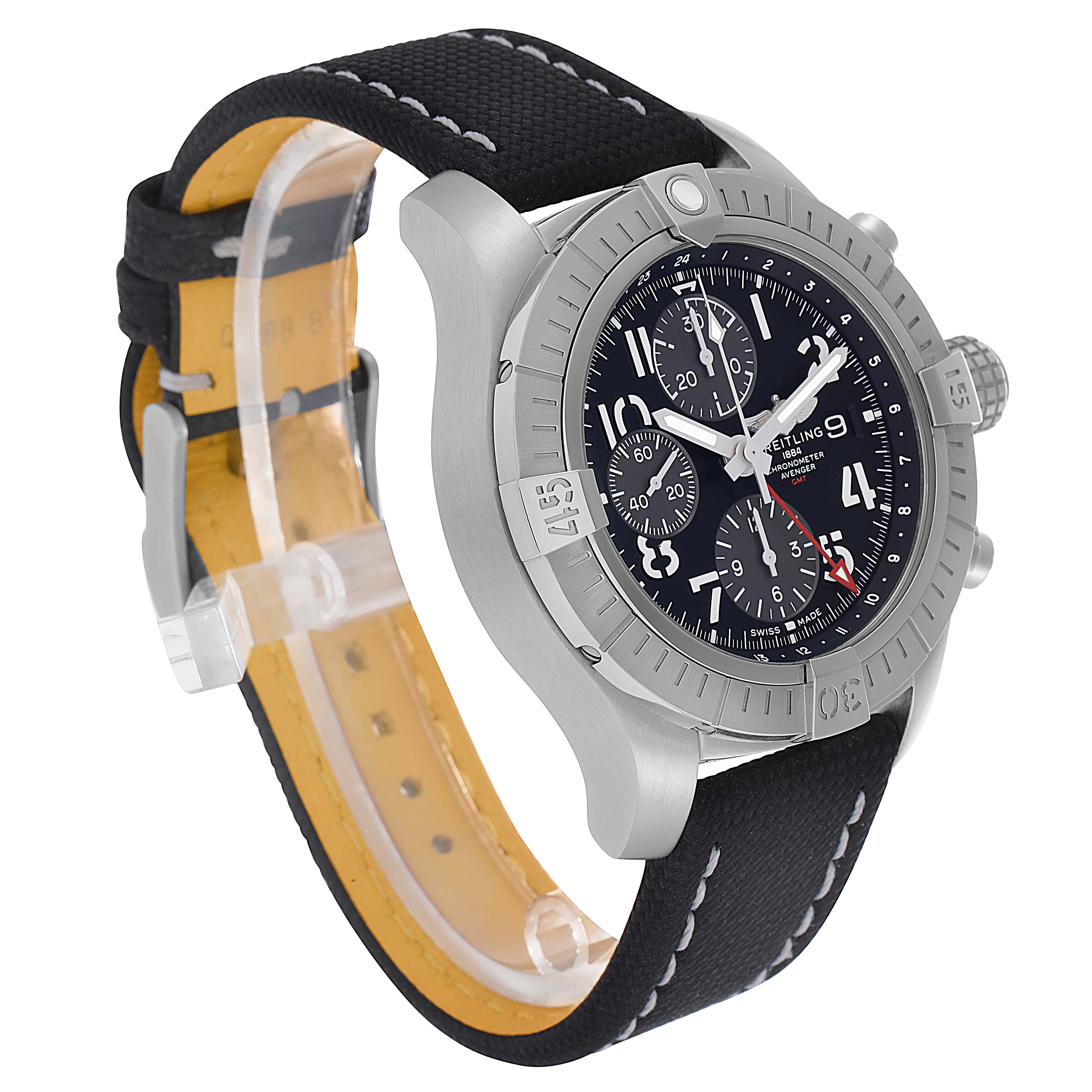 The Breitling Avenger A24315 Men
s Stainless Steel Black Dial watch is shown at a three-quarter angle, highlighting the face, bezel, strap, and crown.