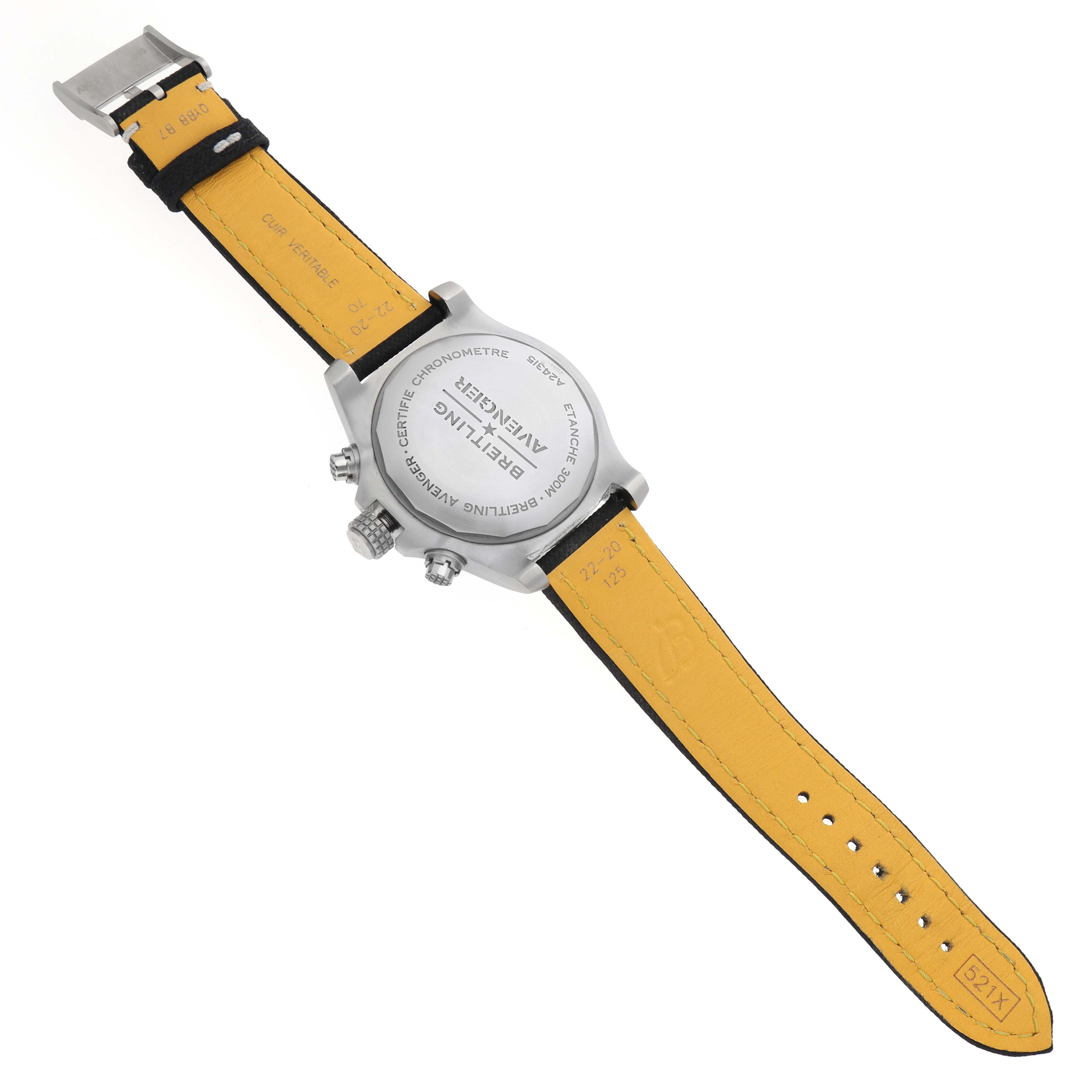 The image shows the back of the Breitling Avenger A24315 Men
s Stainless Steel Black Dial watch with its strap and caseback visible.