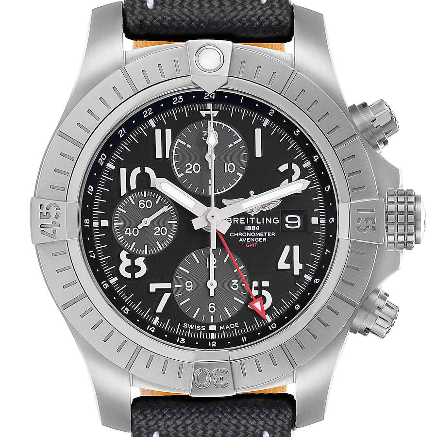The Breitling Avenger A24315 Men's Stainless Steel Black Dial watch is shown from a top-down angle, highlighting the bezel, dial, and chronograph features.