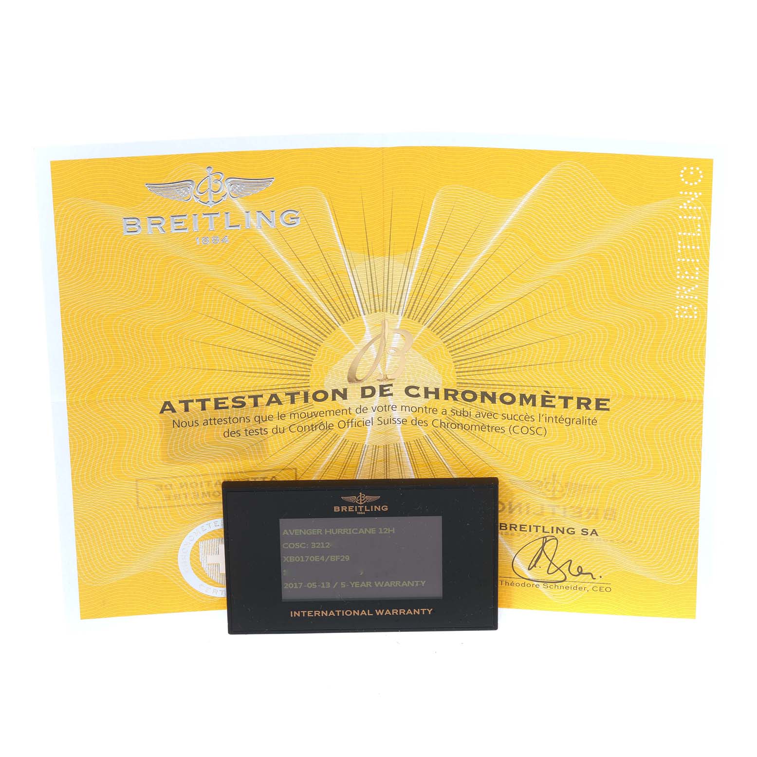 The image shows the warranty card and chronometer certification document for the Breitling Avenger XB0170E4/1533 Men's Ceramic Black Dial XB0170E4/1533 Men's Ceramic Black Dial watch.