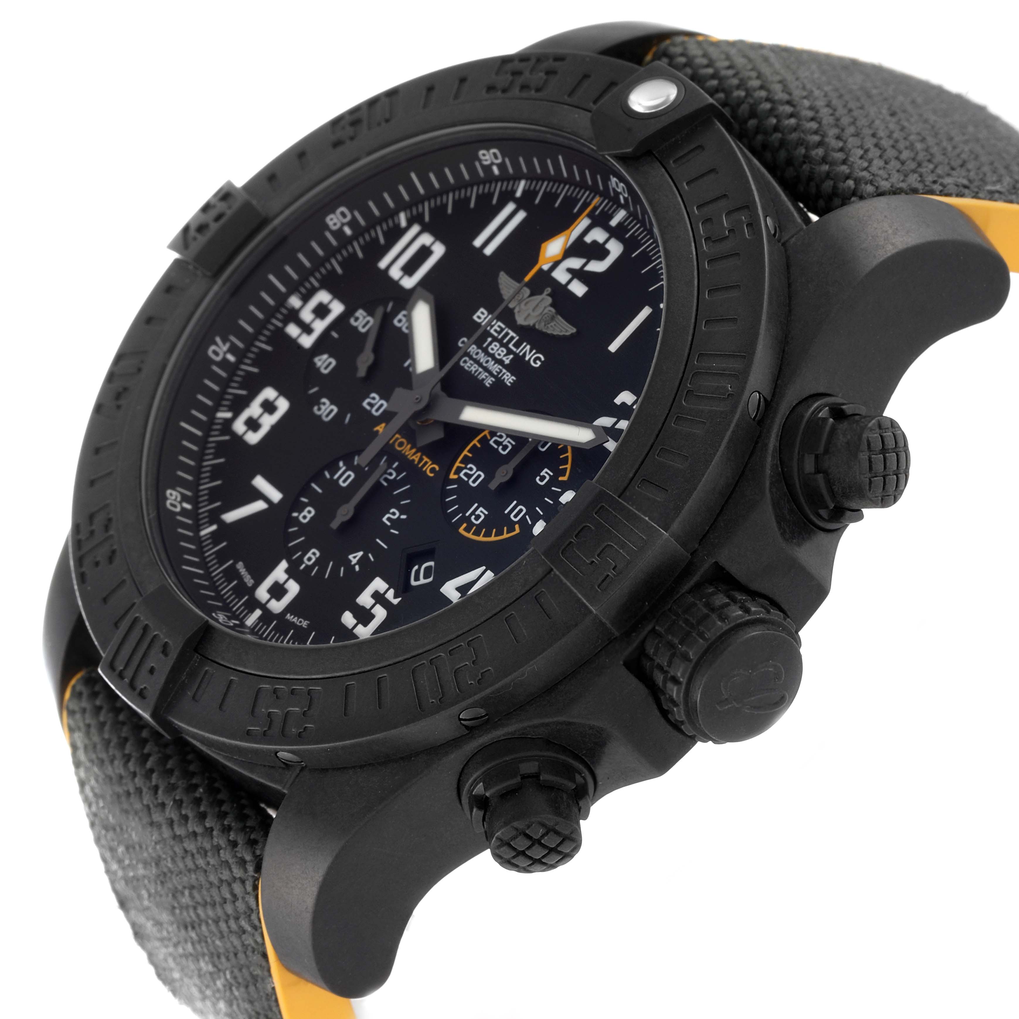 The image shows a side angle of the Breitling Avenger XB0170E4/1533 Men's Ceramic Black Dial XB0170E4/1533 Men's Ceramic Black Dial watch, highlighting the bezel, dial, crown, and pushers.