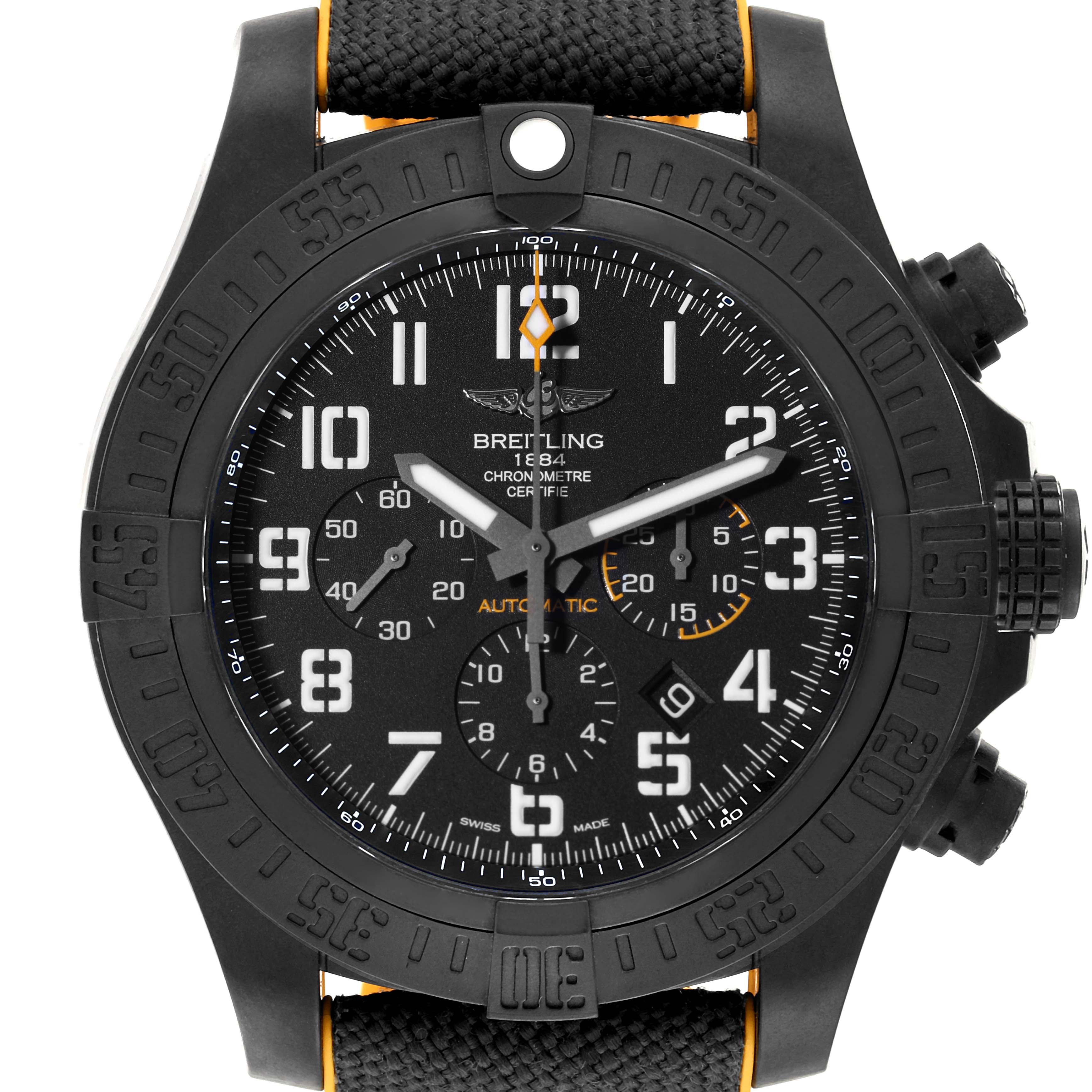 This Breitling Avenger XB0170E4/1533 Men's Ceramic Black Dial XB0170E4/1533 Men's Ceramic Black Dial watch image is shown from a front angle, displaying its dial, bezel, and strap.