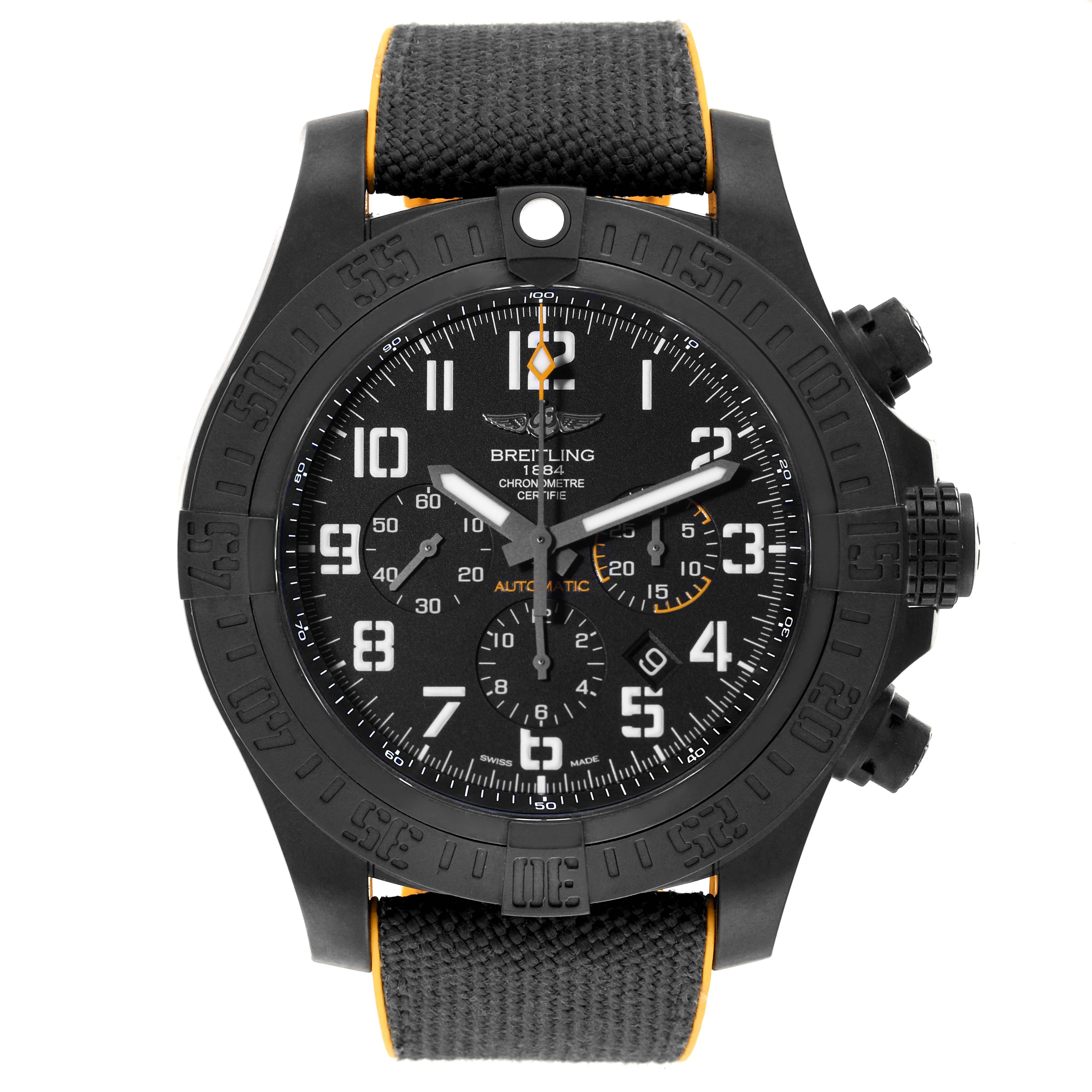 This image shows a front view of the Breitling Avenger XB0170E4/1533 Men's Ceramic Black Dial XB0170E4/1533 Men's Ceramic Black Dial watch, highlighting its face, bezel, and fabric strap.