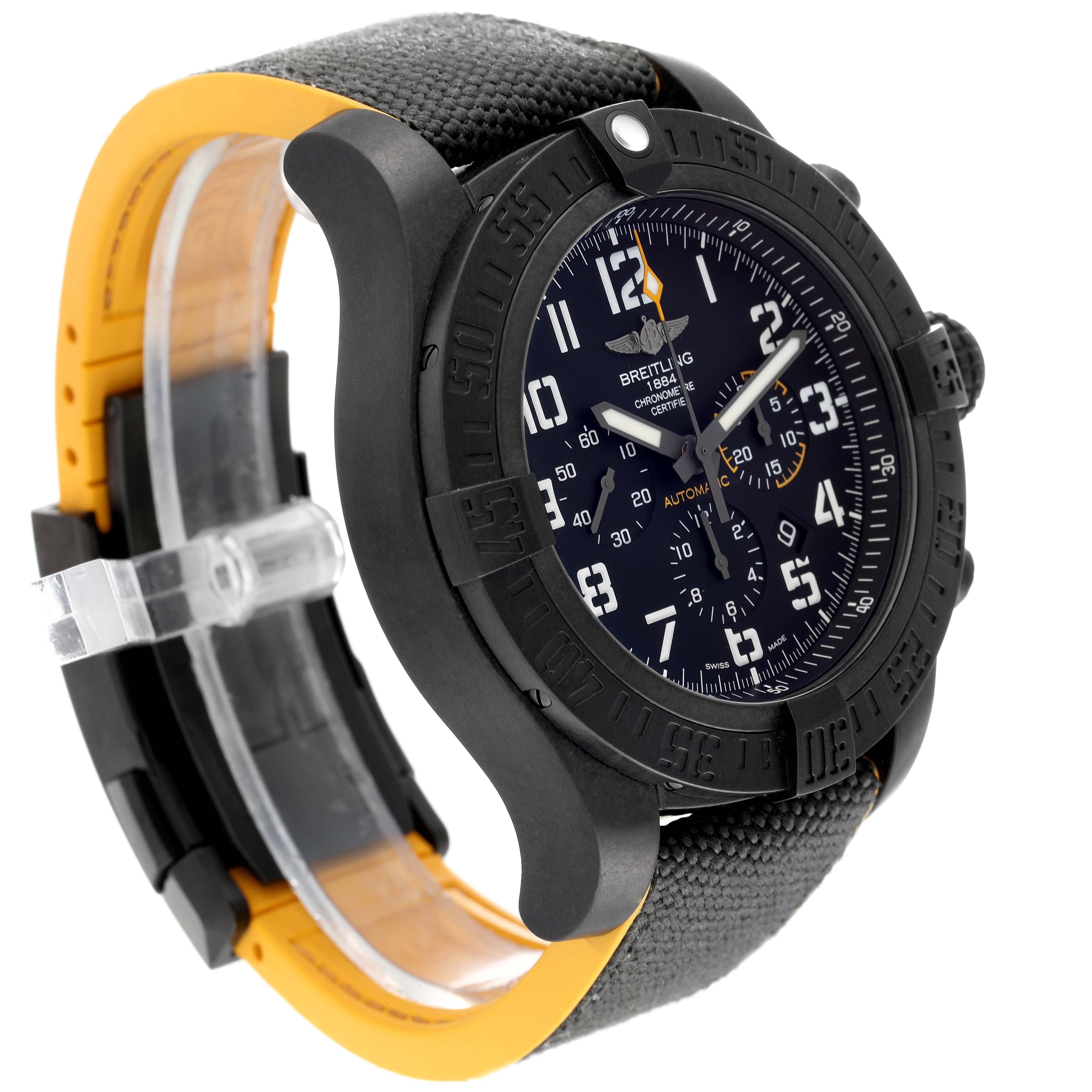 The Breitling Avenger XB0170E4/1533 Men's Ceramic Black Dial XB0170E4/1533 Men's Ceramic Black Dial watch is shown at an angle, highlighting its black bezel, dial, and textured strap.