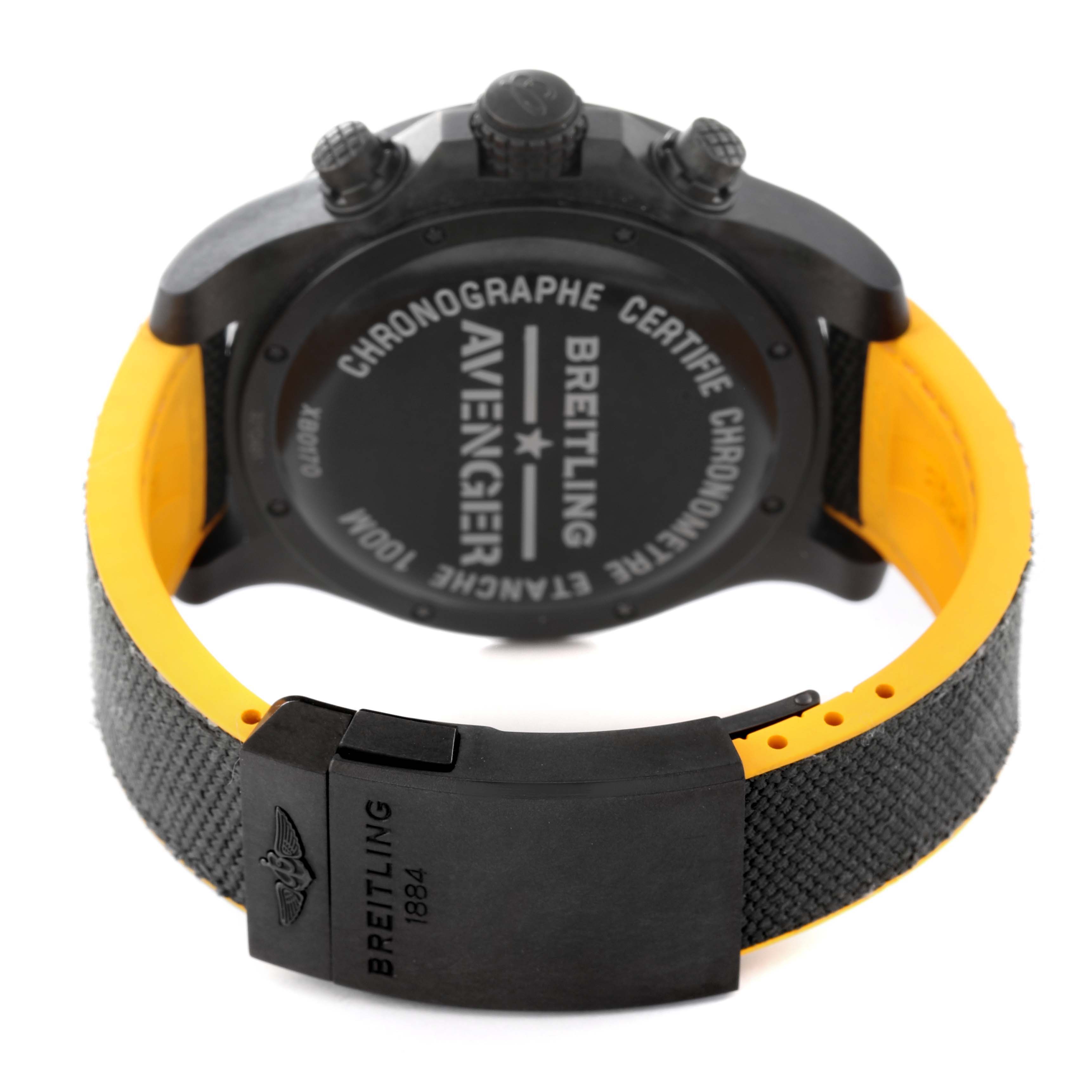 The image shows the back view of a Breitling Avenger XB0170E4/1533 Men's Ceramic Black Dial XB0170E4/1533 Men's Ceramic Black Dial watch, including its case back, crown, pushers, and strap with a clasp.