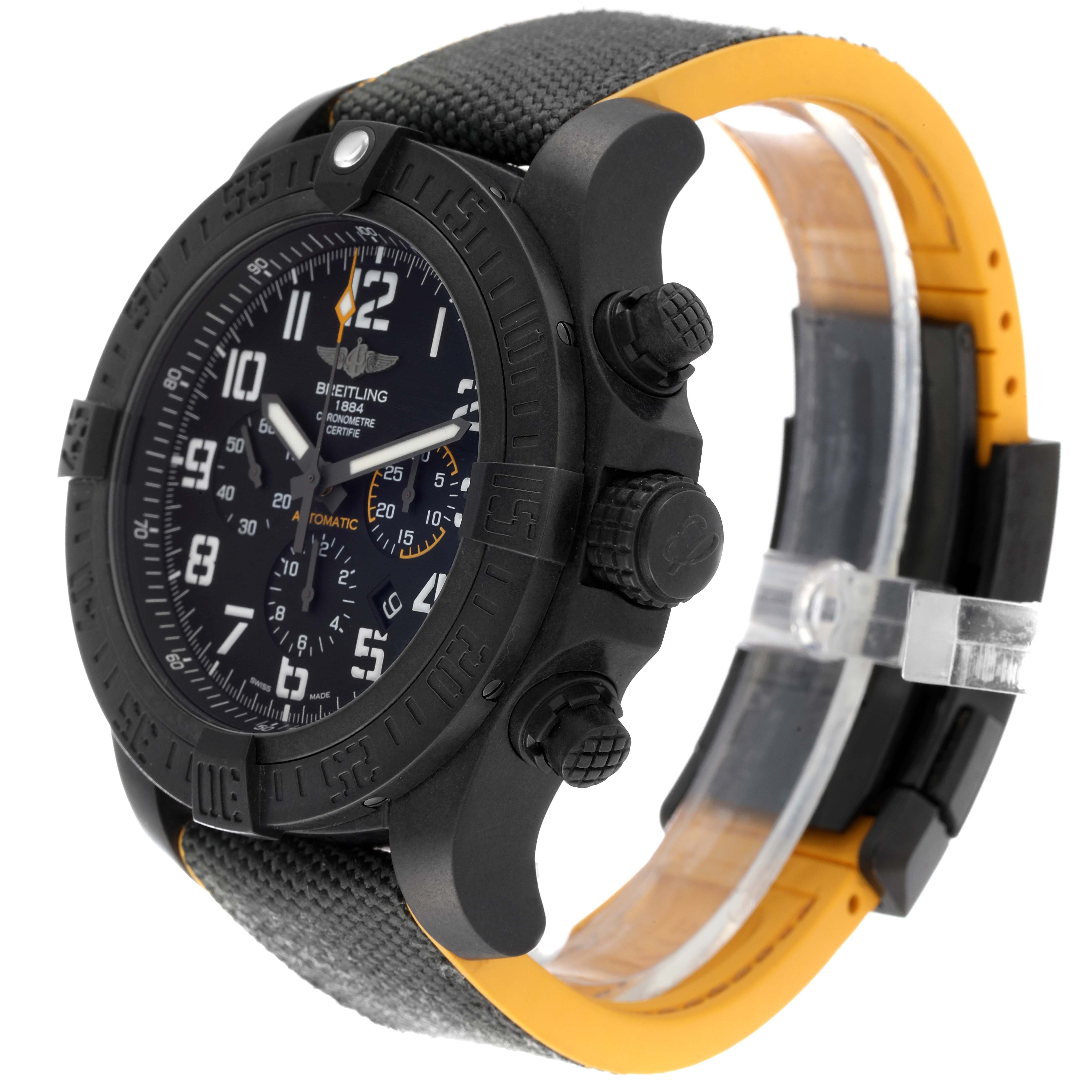 The image shows a side angle of the Breitling Avenger XB0170E4/1533 Men's Ceramic Black Dial XB0170E4/1533 Men's Ceramic Black Dial watch, highlighting its bezel, dial, and strap.