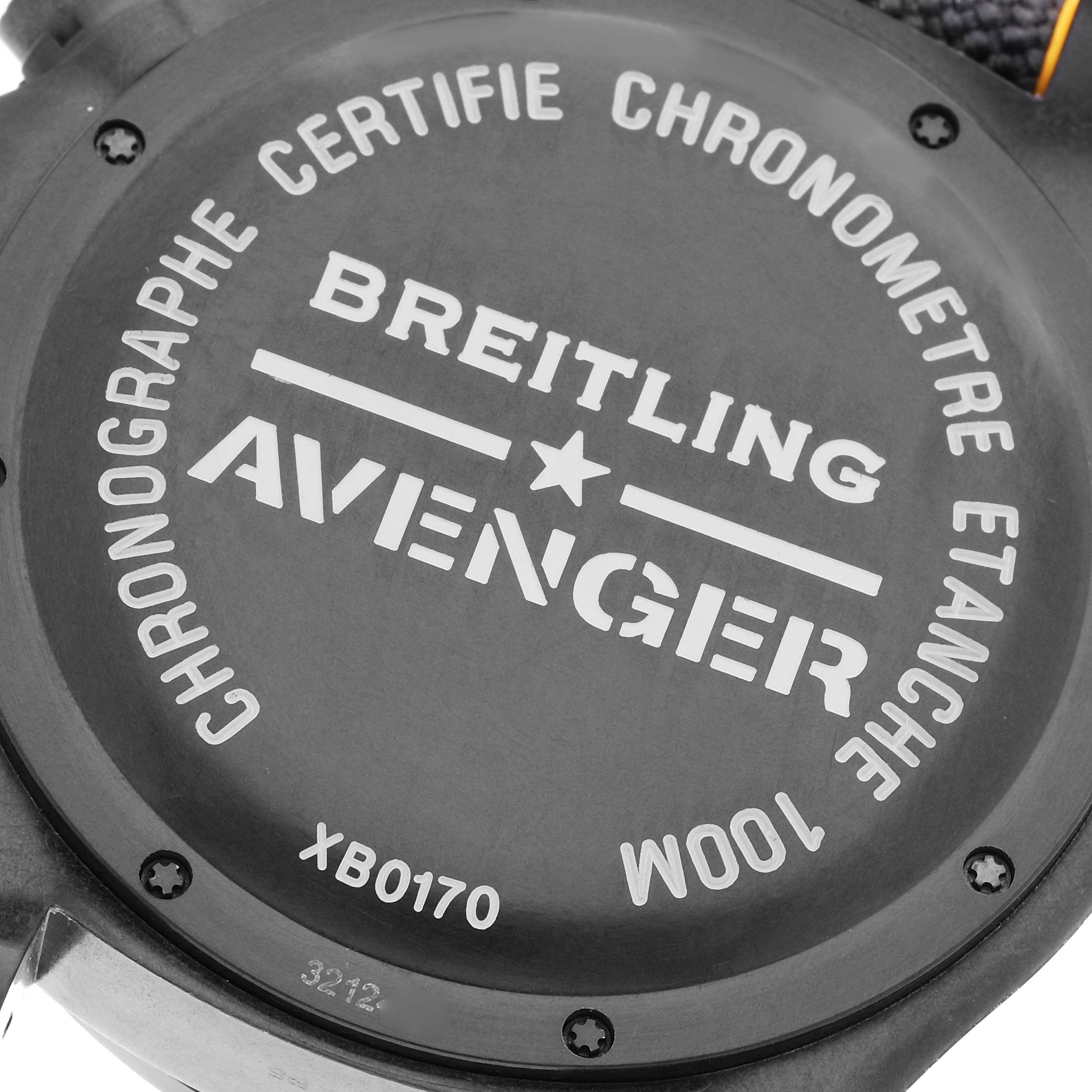 The image shows the case back of a Breitling Avenger XB0170E4/1533 Men's Ceramic Black Dial XB0170E4/1533 Men's Ceramic Black Dial model watch, displaying brand details and specifications.
