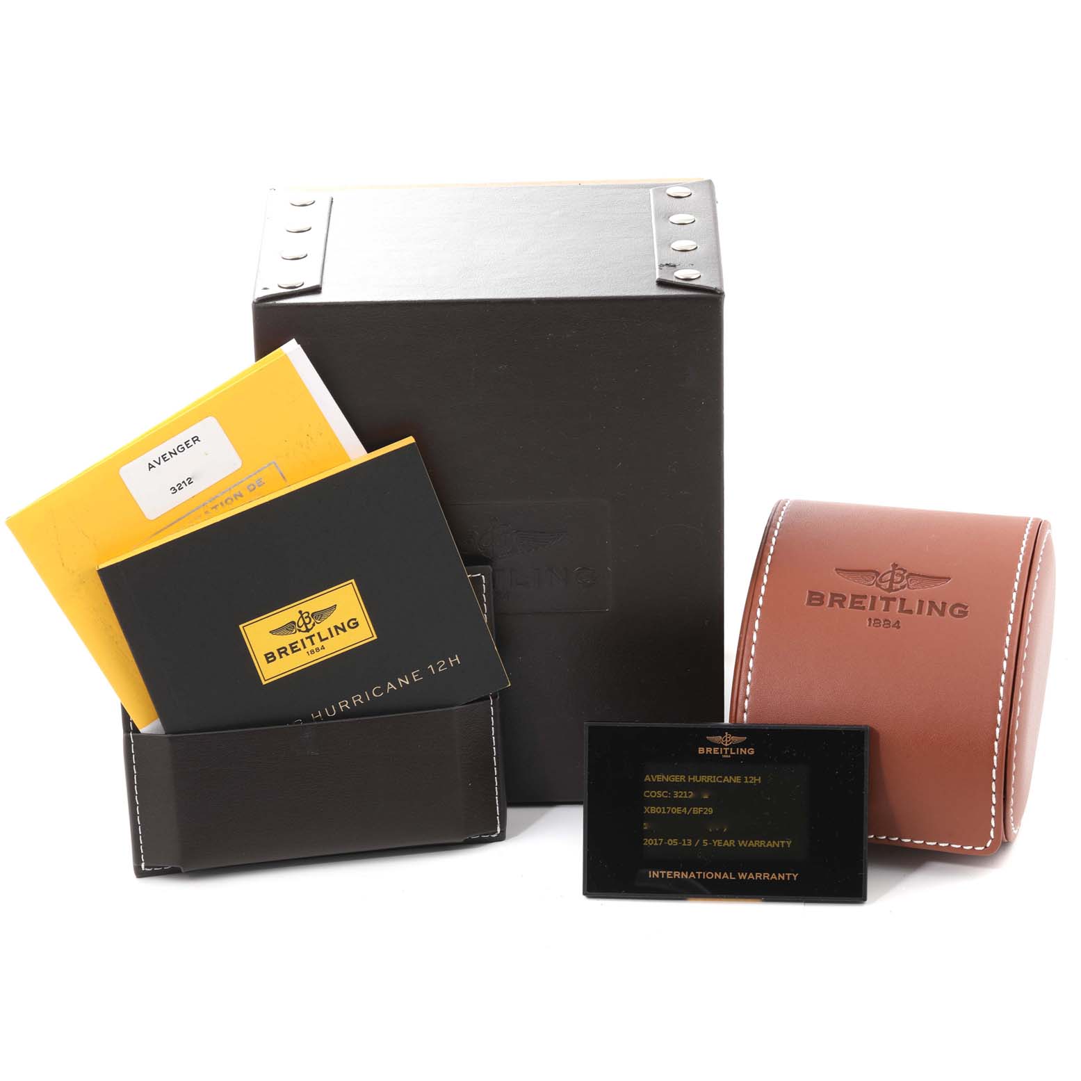 The image shows Breitling Avenger XB0170E4/1533 Men's Ceramic Black Dial XB0170E4/1533 Men's Ceramic Black Dial watch accessories including manuals, a warranty card, a black box, and a brown leather case.