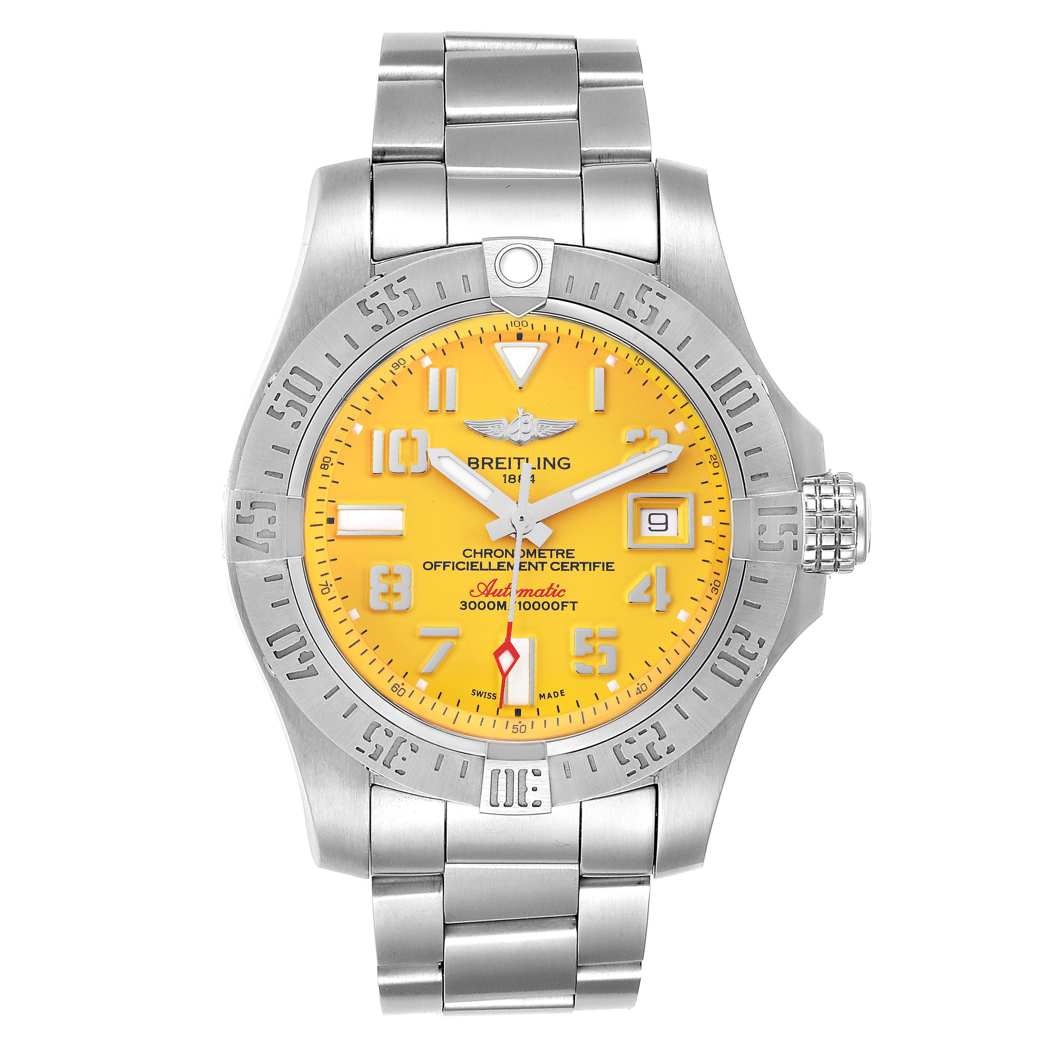 The image shows a front view of the Breitling Avenger A17331 Men's Stainless Steel Yellow Dial A17331 Men's Stainless Steel Yellow Dial watch, displaying its yellow dial, bezel, and stainless steel bracelet.