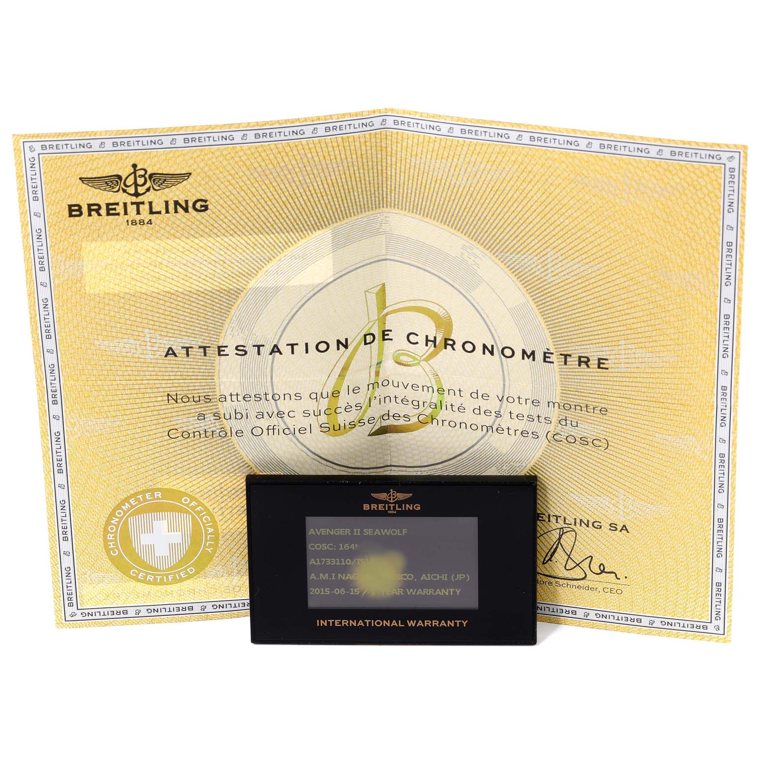 The image shows a Breitling Avenger A17331 Men's Stainless Steel Yellow Dial A17331 Men's Stainless Steel Yellow Dial model warranty card and chronometer certification document.