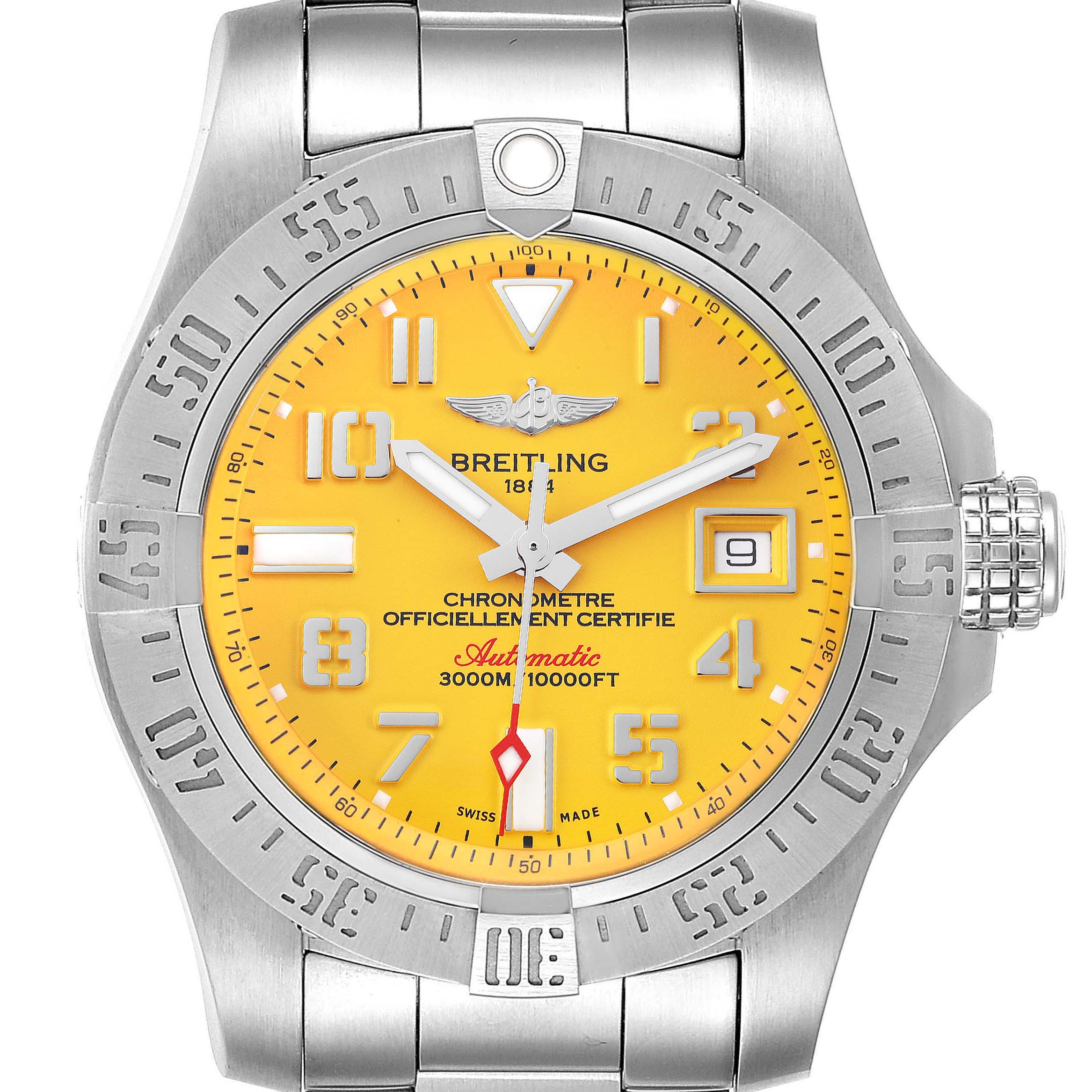 The Breitling Avenger A17331 Men's Stainless Steel Yellow Dial A17331 Men's Stainless Steel Yellow Dial watch is shown from a front angle featuring the dial, case, bezel, crown, and bracelet.
