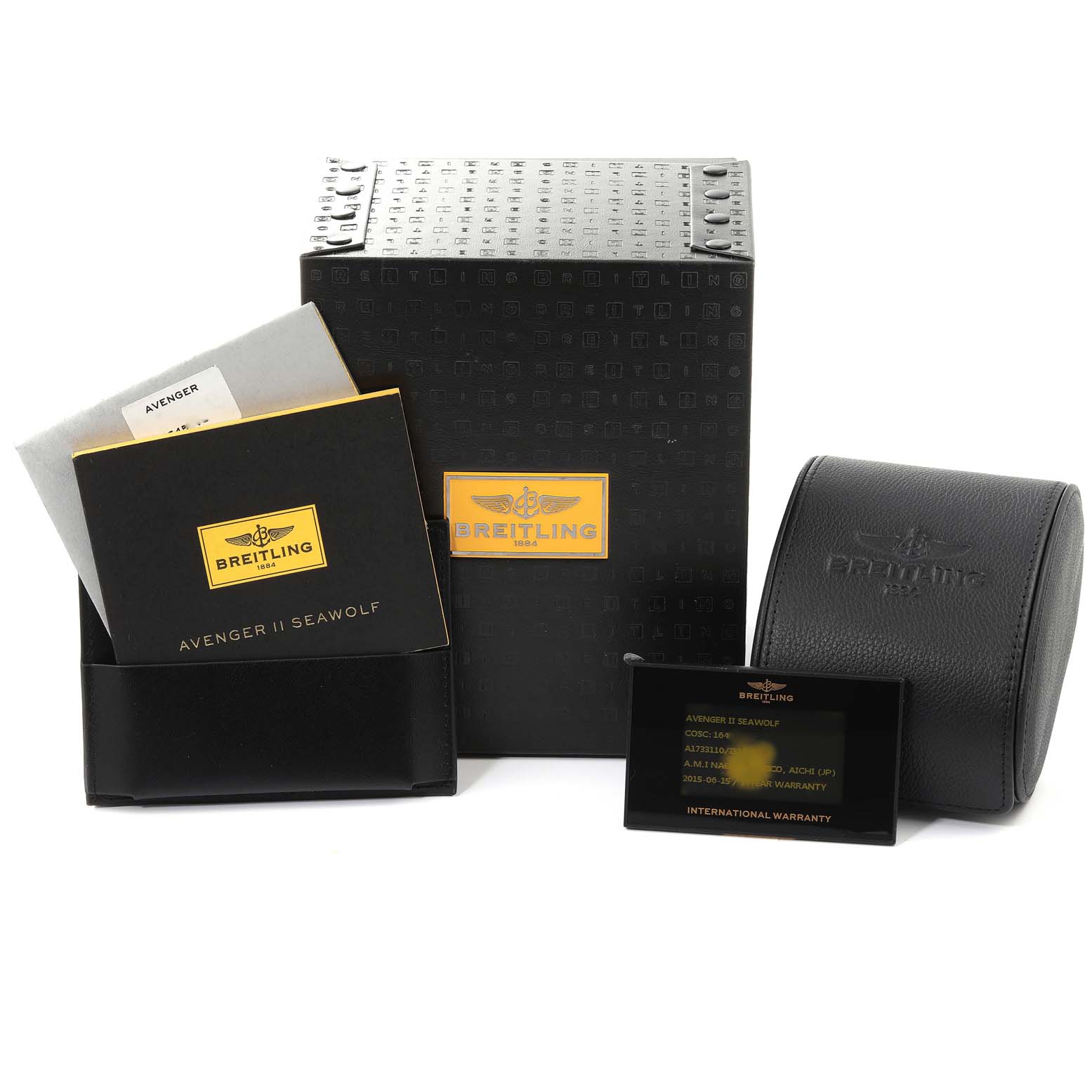 The image shows the packaging, manuals, warranty card, and leather case for a Breitling Avenger A17331 Men's Stainless Steel Yellow Dial A17331 Men's Stainless Steel Yellow Dial II Seawolf watch.