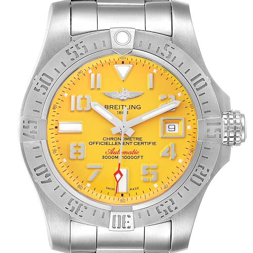 Photo of Breitling Avenger II 45 Seawolf Yellow Dial Steel Mens Watch A17331 Box Card