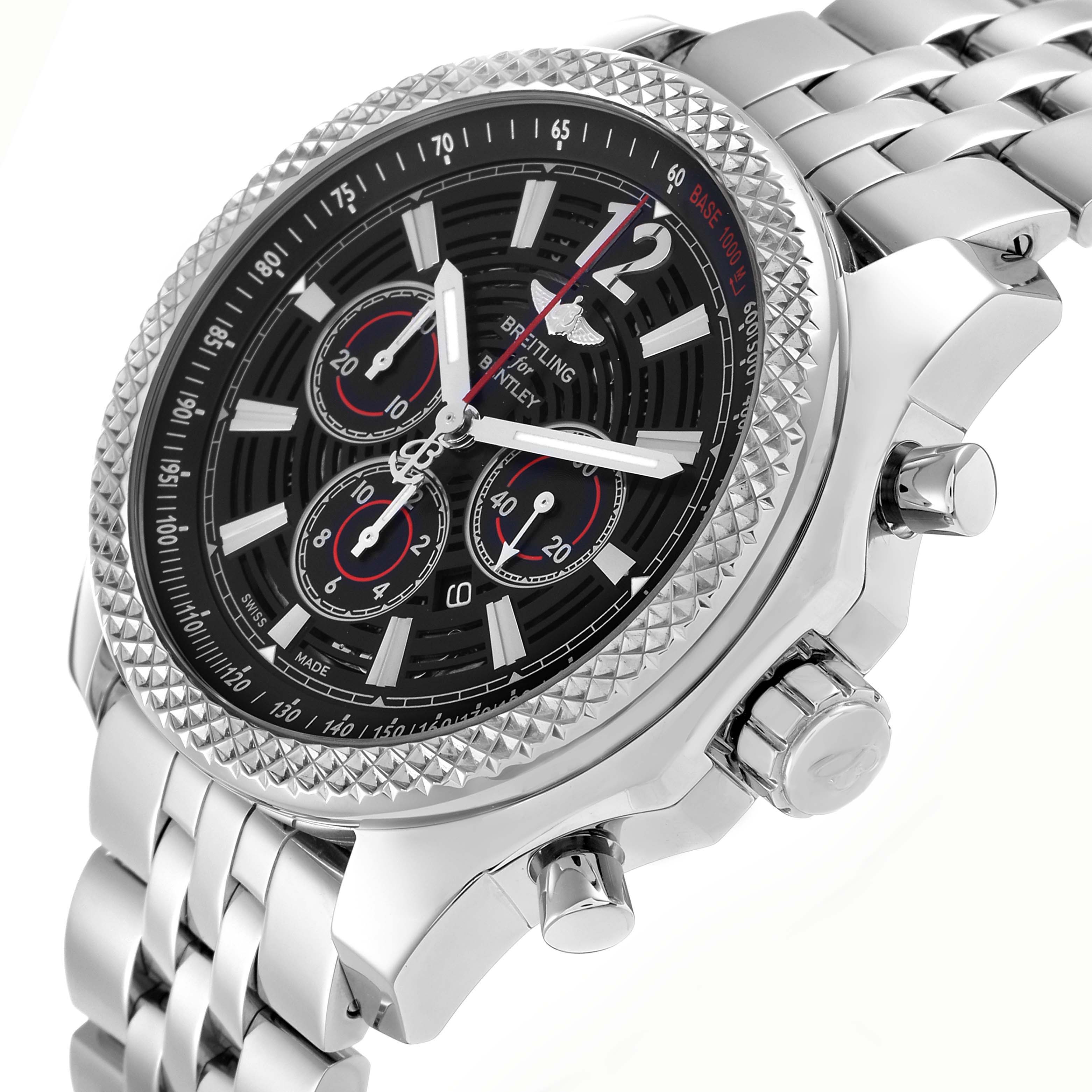 The Breitling Bentley A41390 Men
s Stainless Steel Black Dial watch is shown at an angle highlighting the face, bezel, crown, and bracelet.