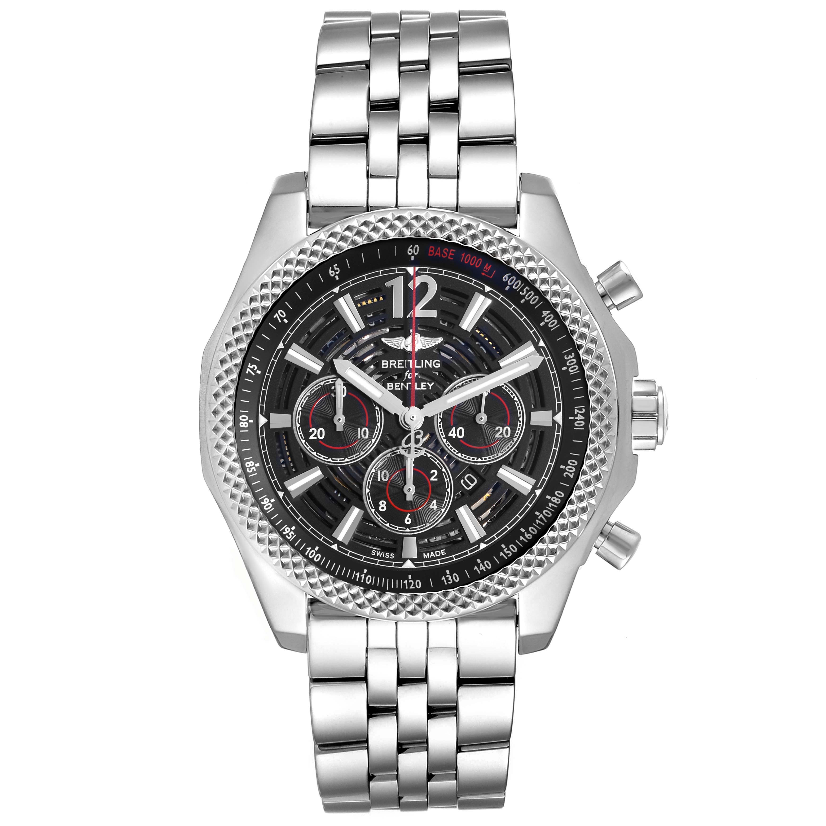The Breitling Bentley A41390 Men
s Stainless Steel Black Dial watch is shown from a front angle, highlighting the dial, bezel, and stainless steel bracelet.