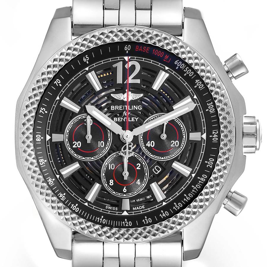 The image shows a front view of the Breitling Bentley A41390 Men's Stainless Steel Black Dial watch featuring its detailed dial, bezel, and side crown.