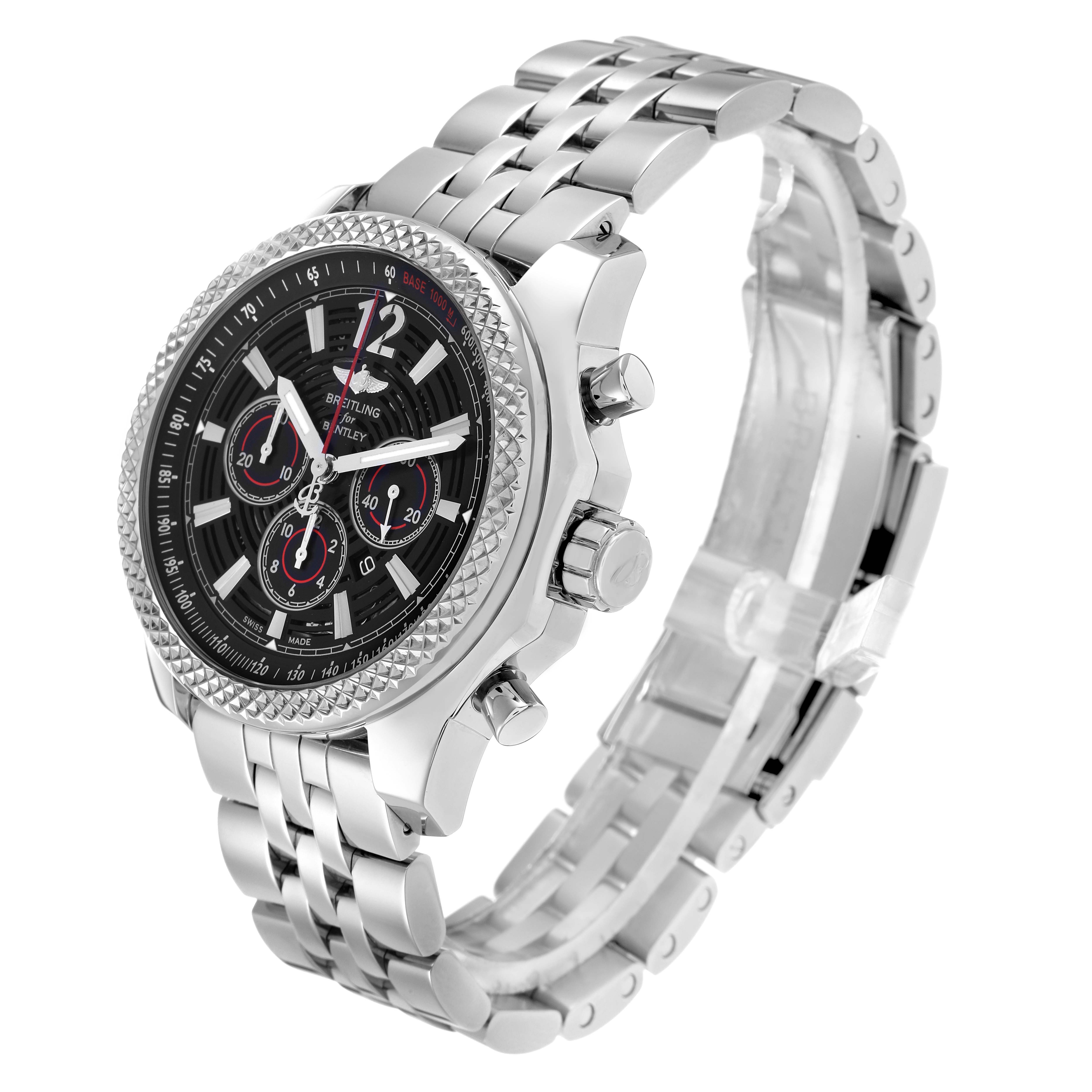 The image shows a Breitling Bentley A41390 Men
s Stainless Steel Black Dial watch from a side angle, displaying the face, bezel, crown, pushers, and metal bracelet.