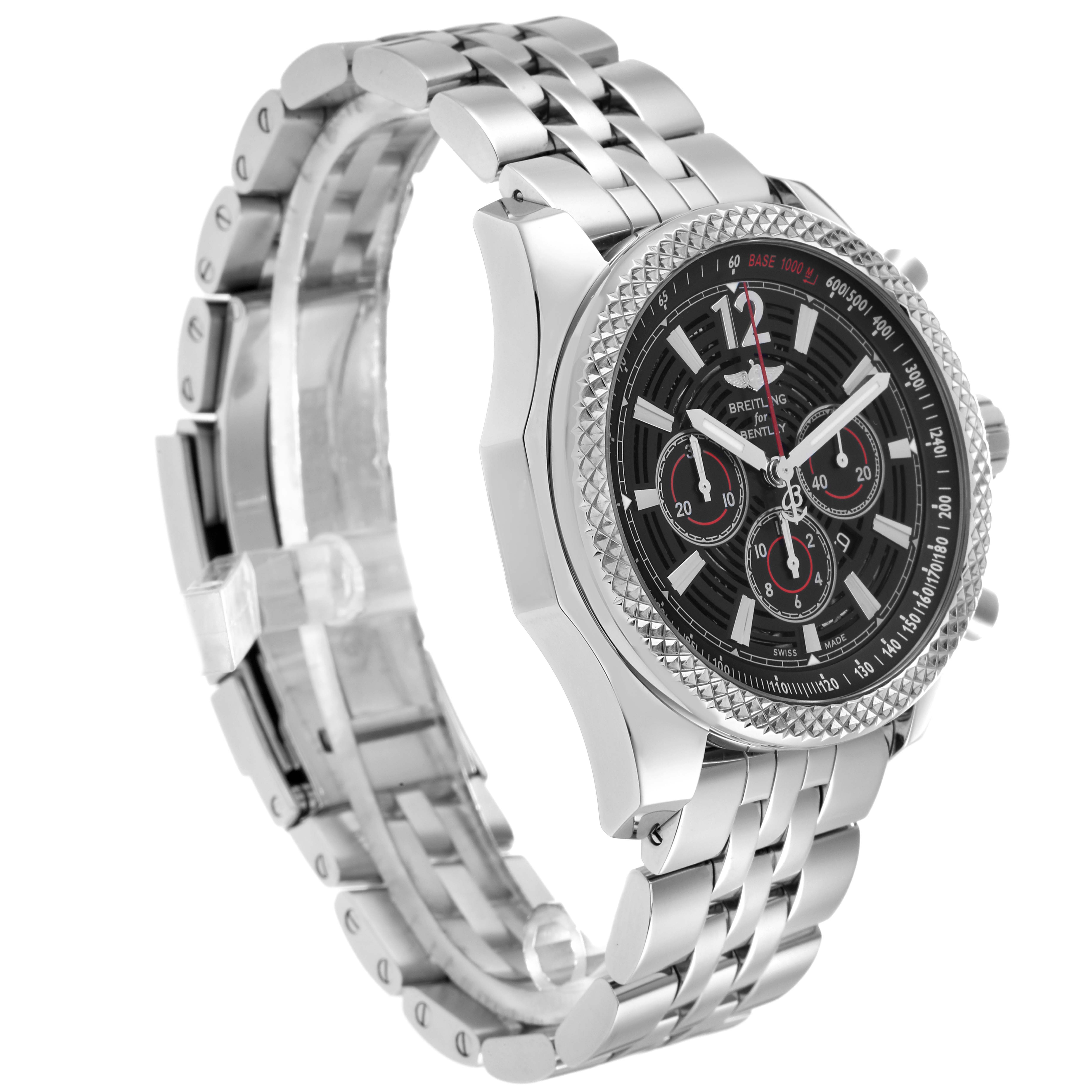 The Breitling Bentley A41390 Men
s Stainless Steel Black Dial watch is shown at a slight angle, highlighting the bracelet, bezel, and dial details.