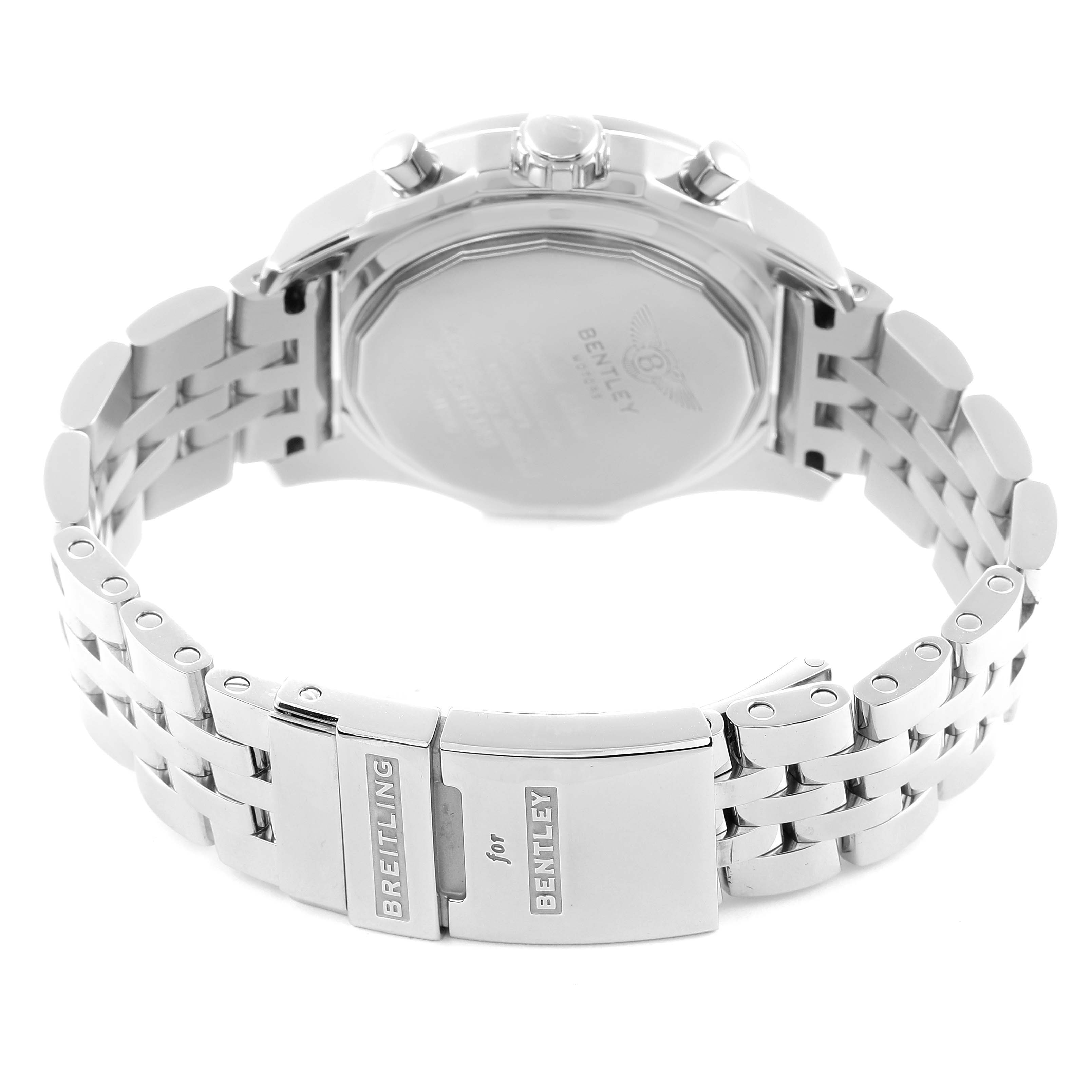 The image shows the back and clasp of a Breitling for Bentley watch, highlighting the bracelet and brand engravings.
