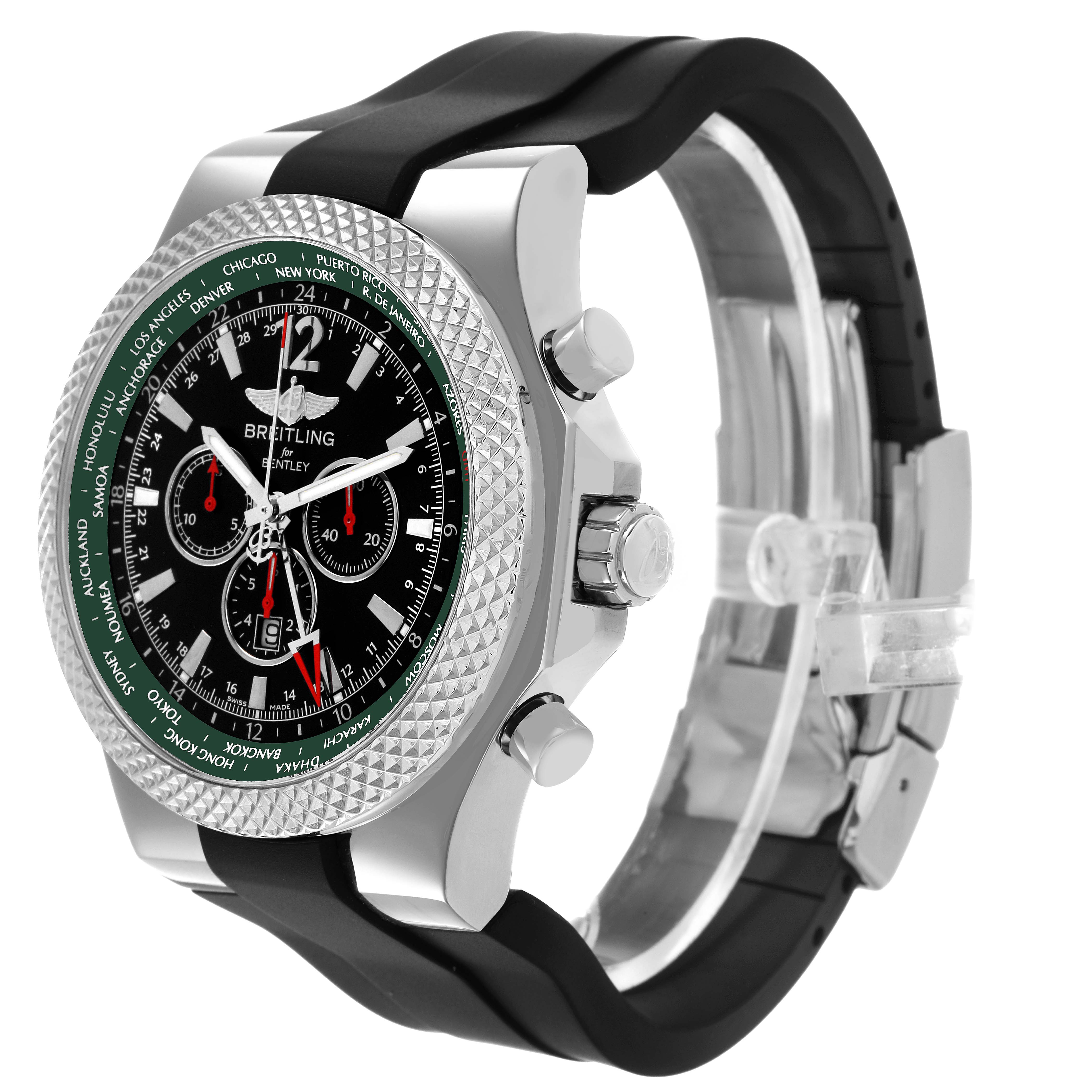 The image shows a side profile and partial front view of the Breitling Bentley A47362 Men's Stainless Steel Black Dial watch, highlighting the bezel, crown, pushers, and strap.
