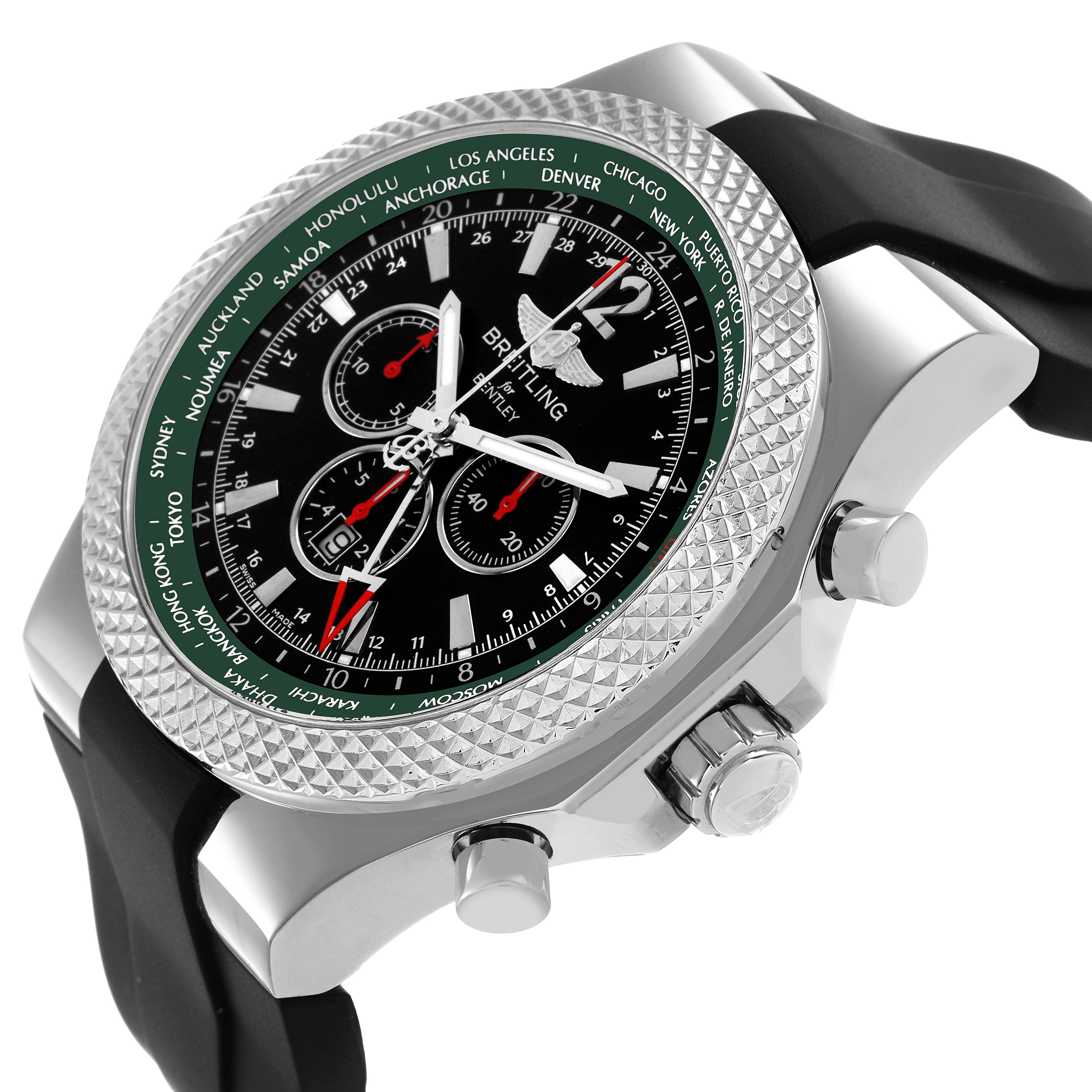 The Breitling Bentley A47362 Men's Stainless Steel Black Dial watch is shown at an upward angle, highlighting the textured bezel, dial, and side buttons.