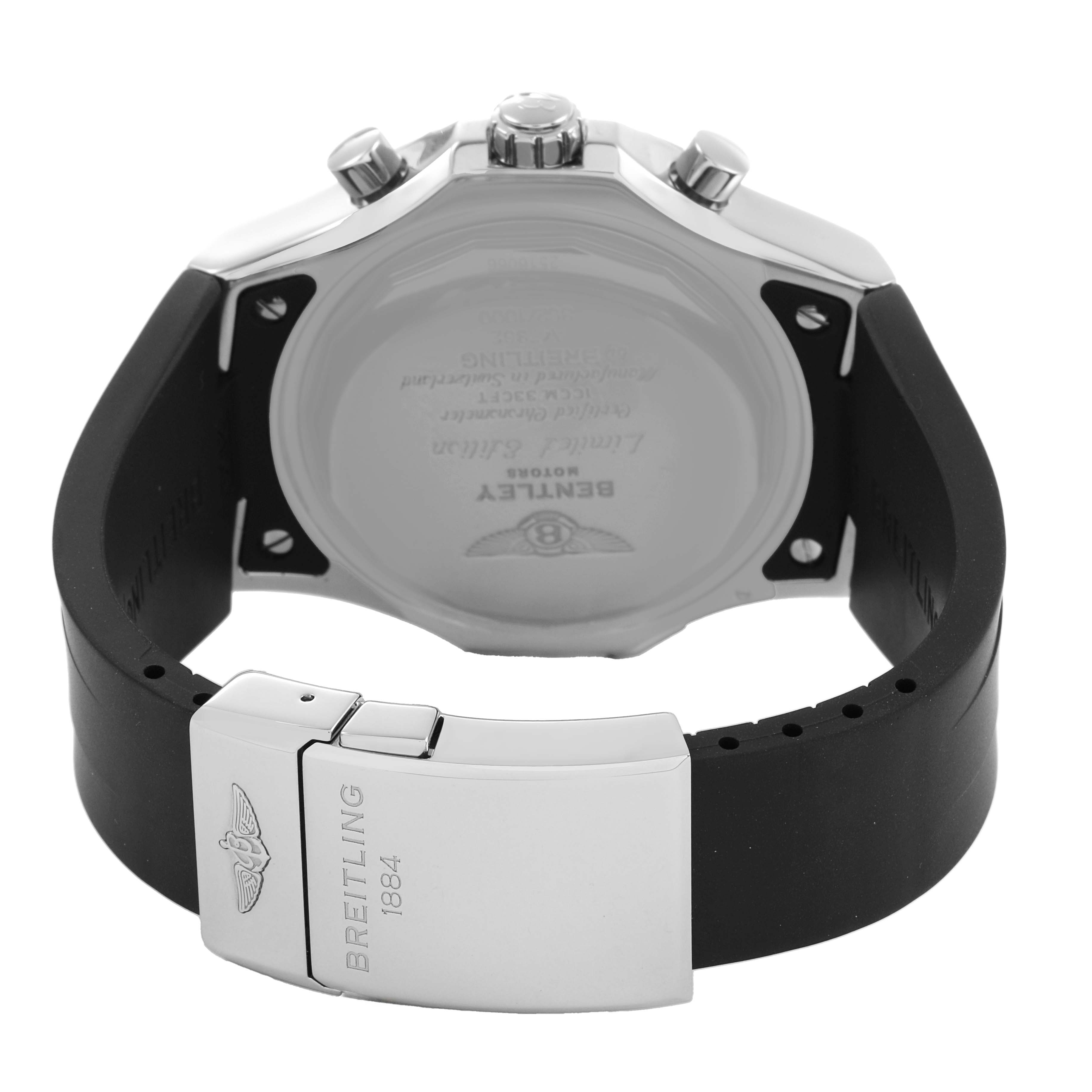 The Breitling Bentley A47362 Men's Stainless Steel Black Dial watch is shown from the back, highlighting the clasp, rubber strap, and case back details.