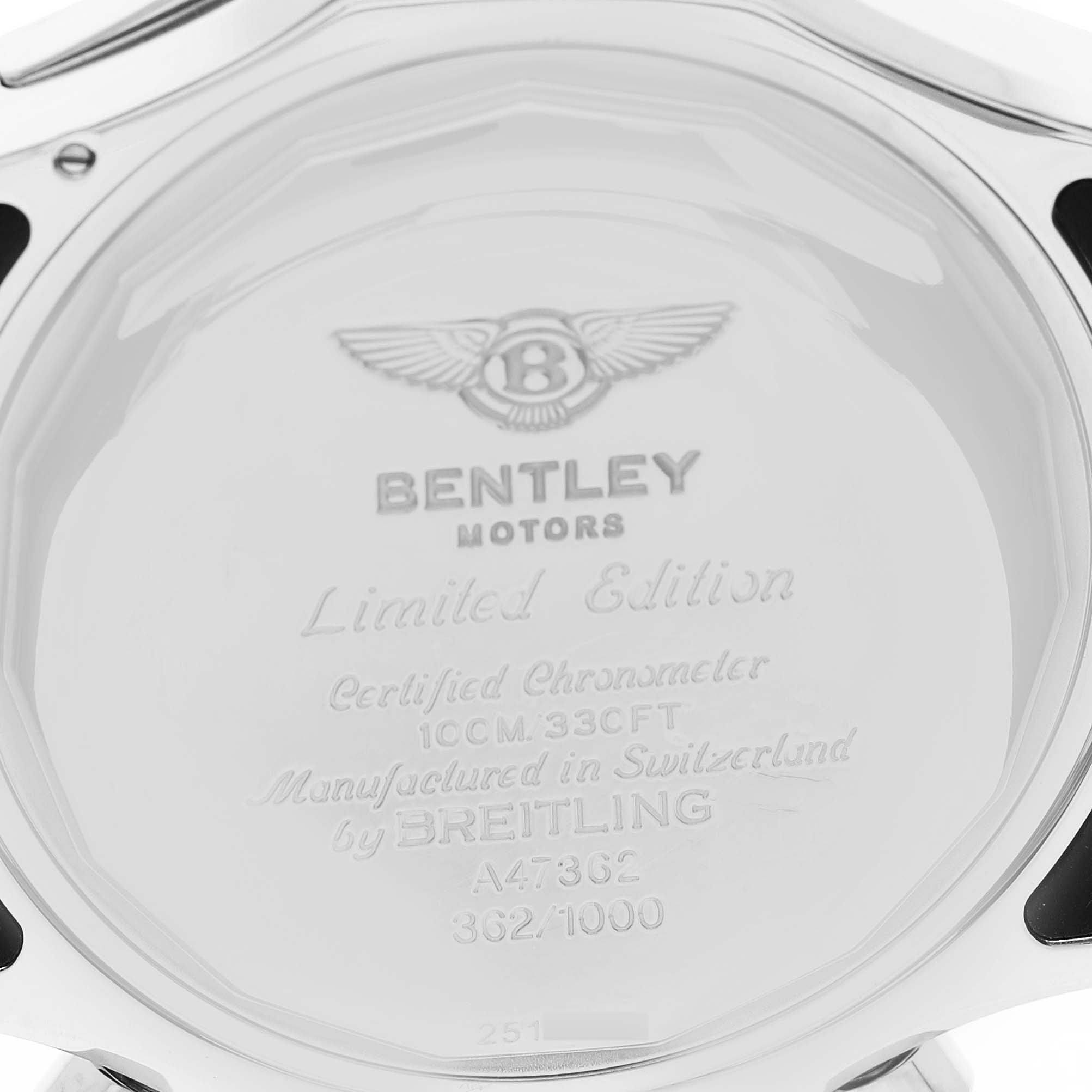 The image shows the back case of a Breitling Bentley A47362 Men's Stainless Steel Black Dial watch, featuring engraved details and logos.