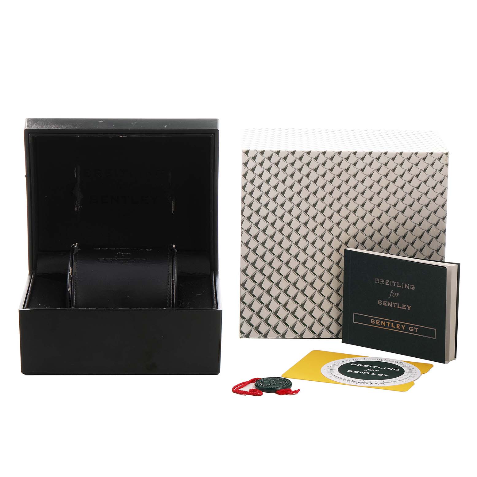The image shows the Breitling Bentley A47362 Men's Stainless Steel Black Dial watch box, manual, outer packaging, and a seal tag from a frontal angle.