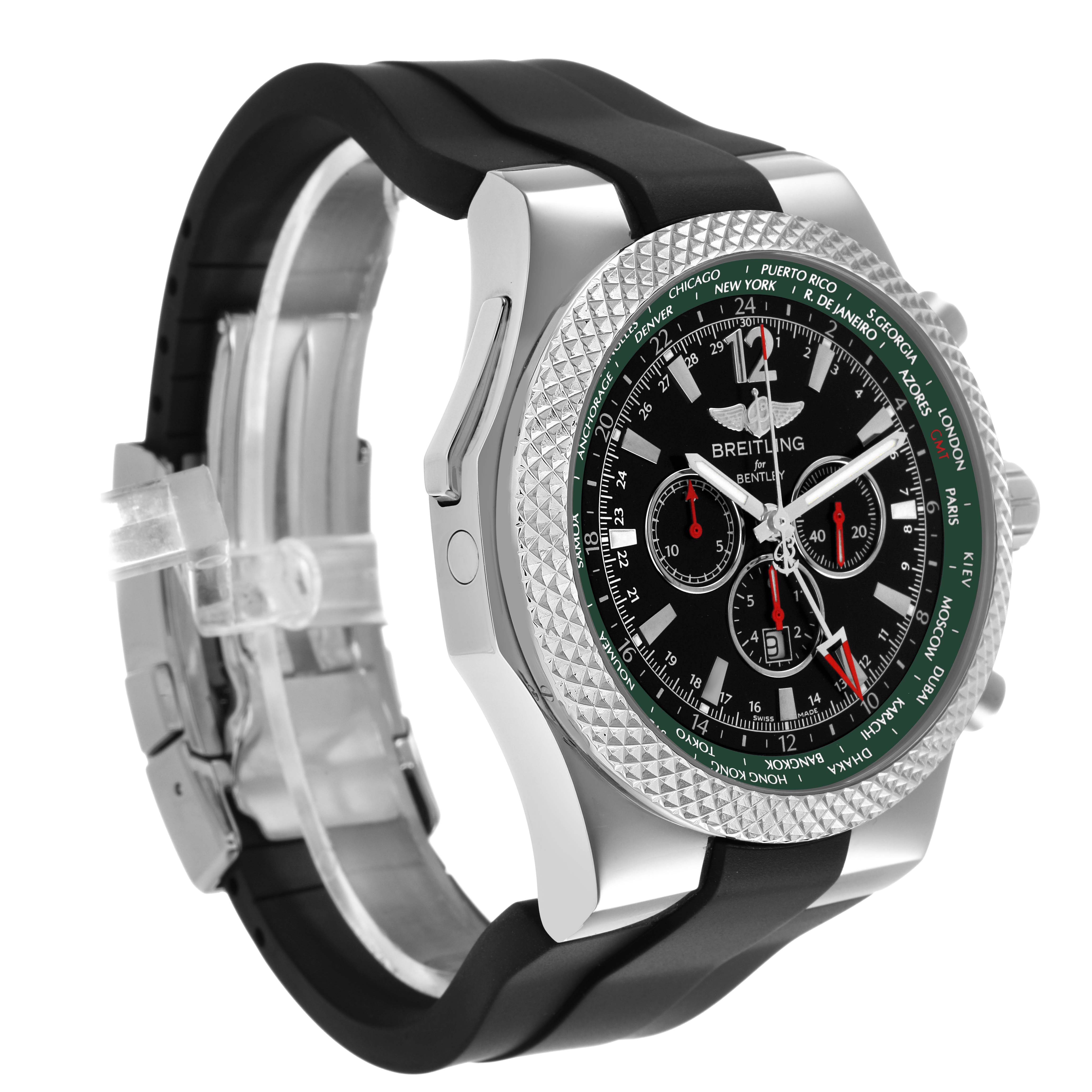 The Breitling Bentley A47362 Men's Stainless Steel Black Dial watch is shown at a slight angle, featuring the dial, bezel, case, and strap prominently.