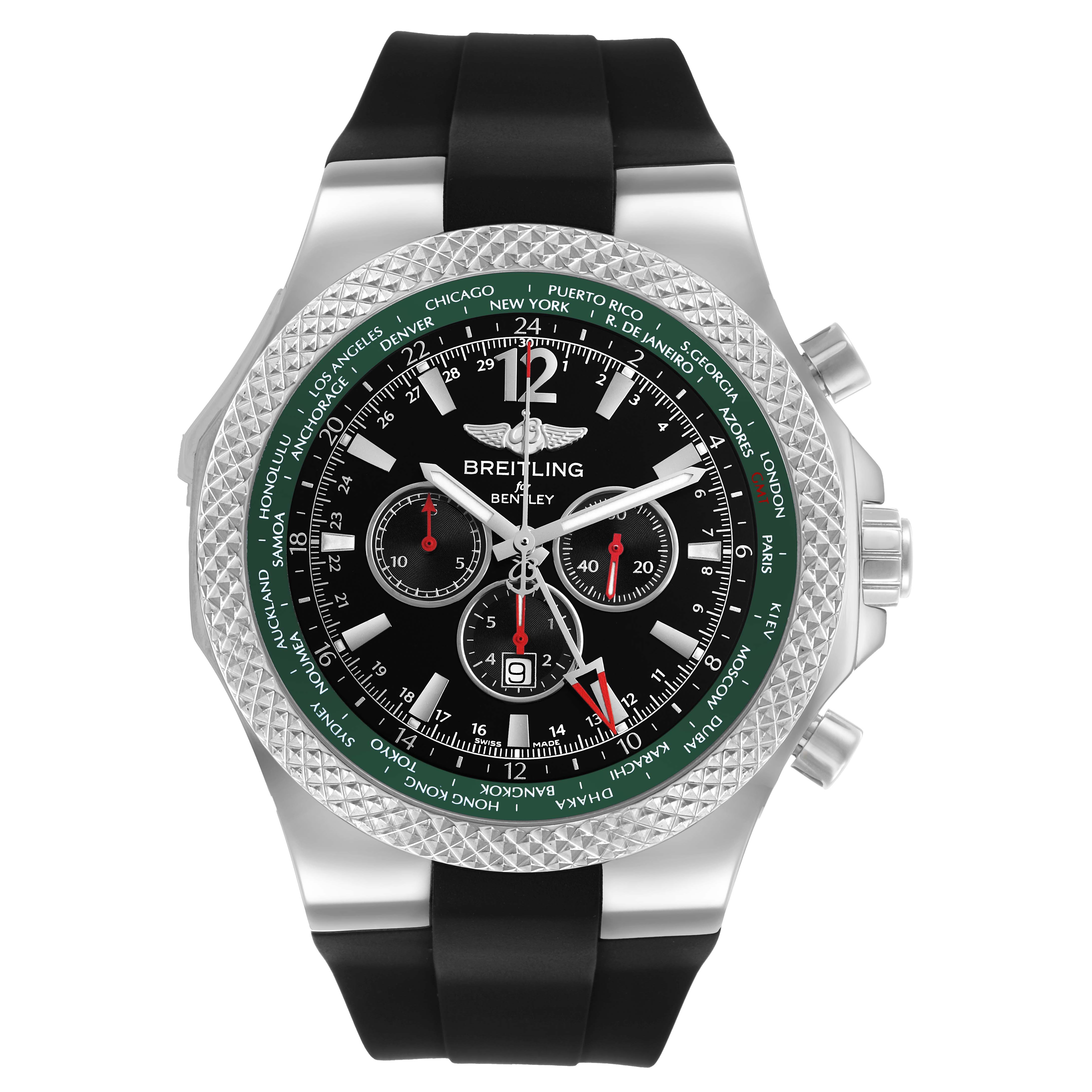 The Breitling Bentley A47362 Men's Stainless Steel Black Dial watch is shown from the front, highlighting the bezel, dials, and strap.
