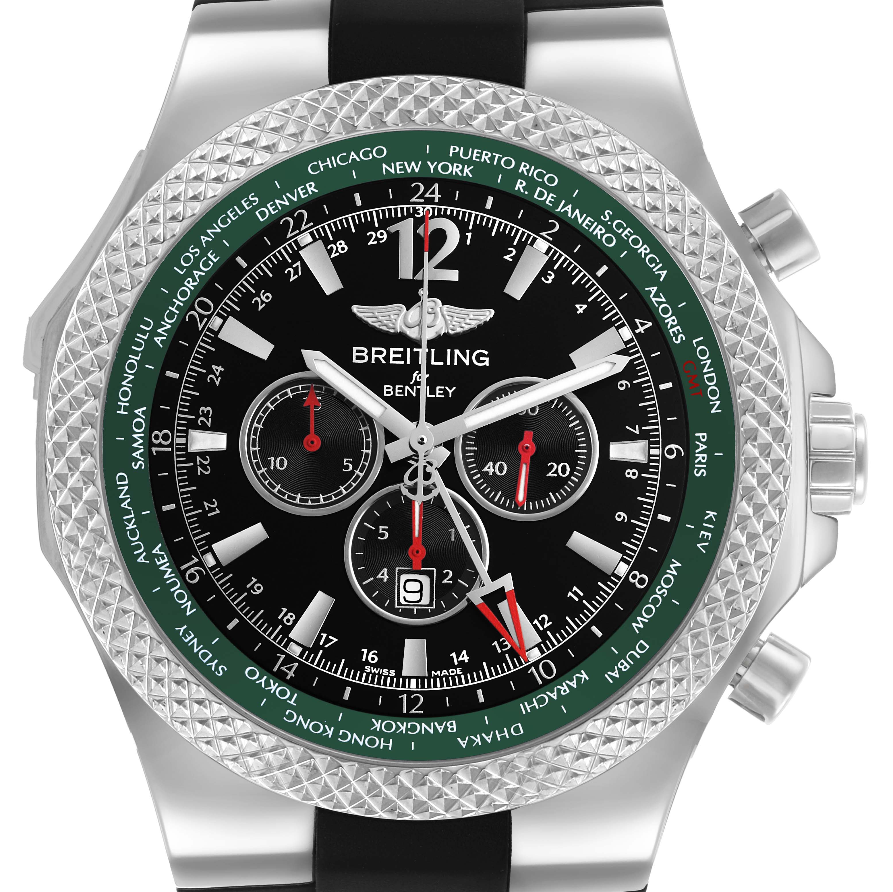 The Breitling Bentley A47362 Men's Stainless Steel Black Dial watch is shown from a top view, displaying the face, bezel, and side buttons.